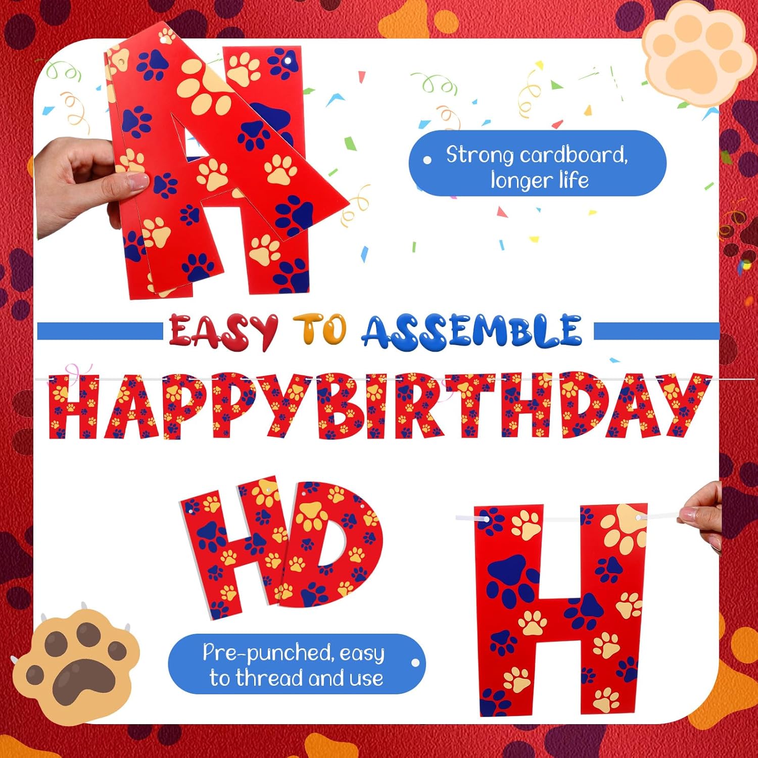 Dog Paw Birthday Banner Red Cartoon Party Decoration