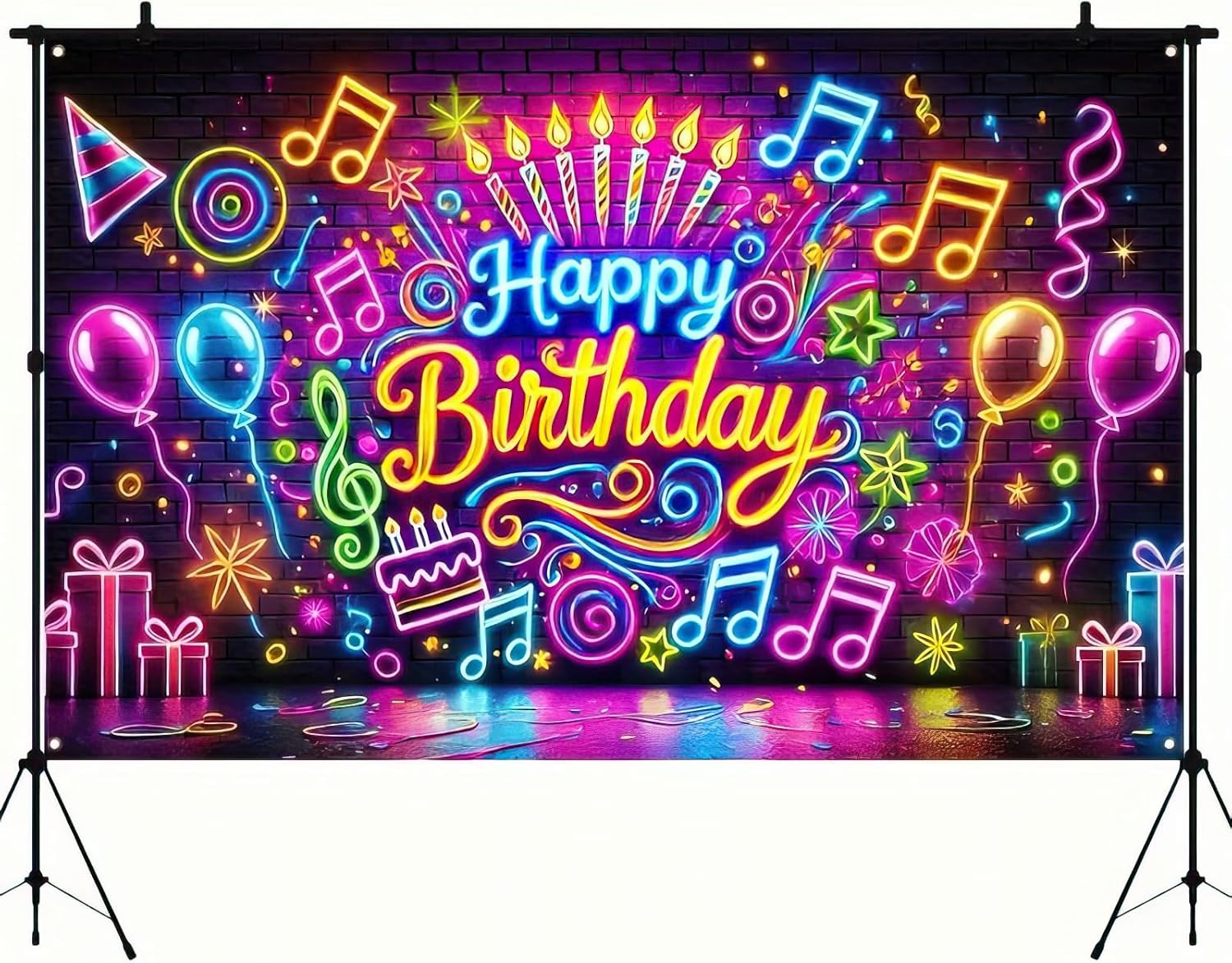 Neon Birthday Banner 71x43 Inch Glow in the Dark Photo Backdrop