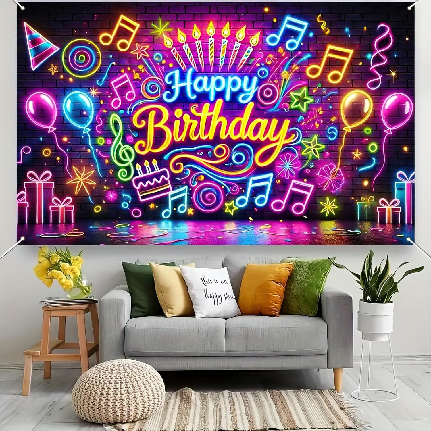 Neon Birthday Banner 71x43 Inch Glow in the Dark Photo Backdrop