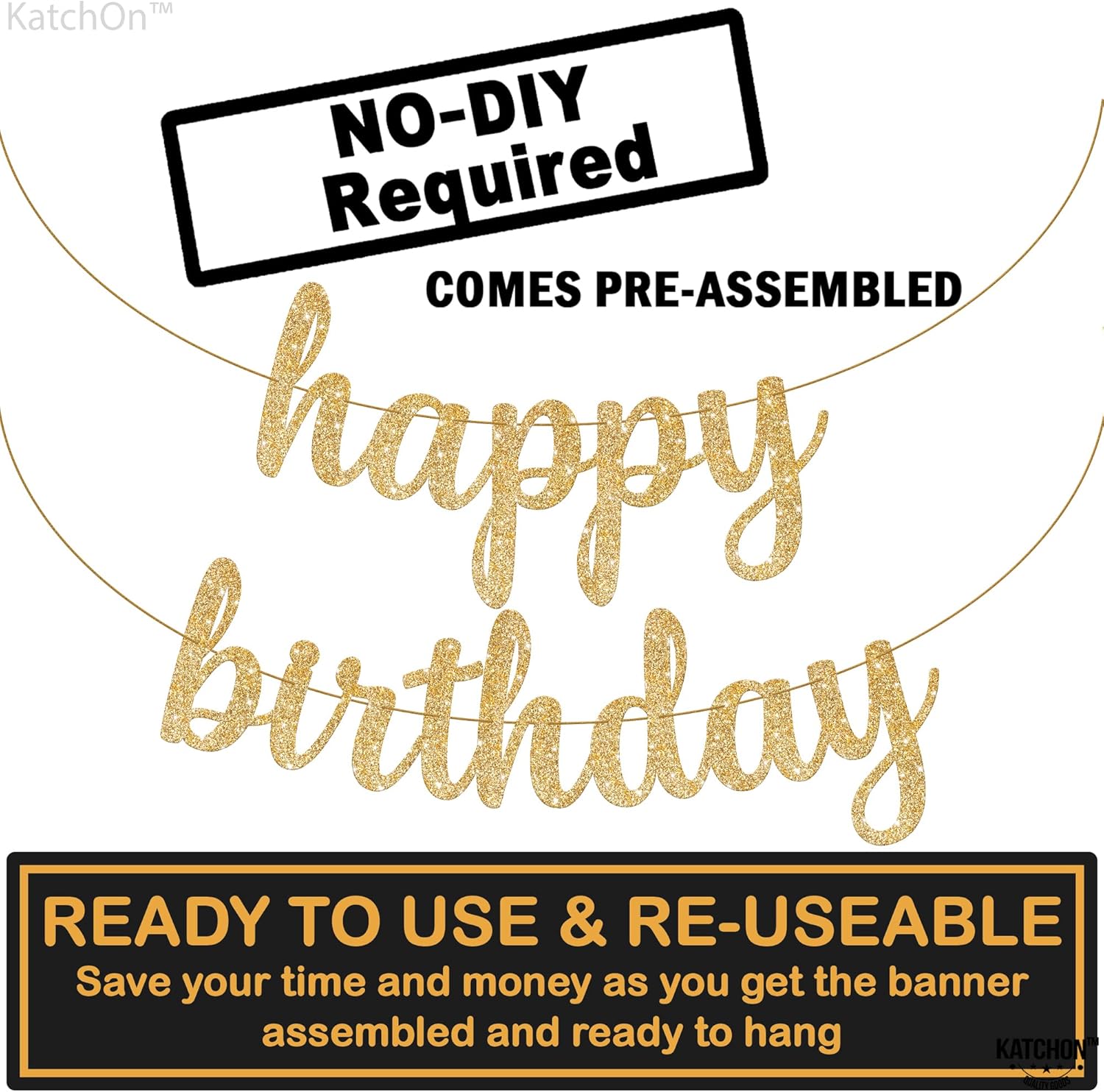 KatchOn Gold Happy Birthday Banner 10 Feet Pre-Strung