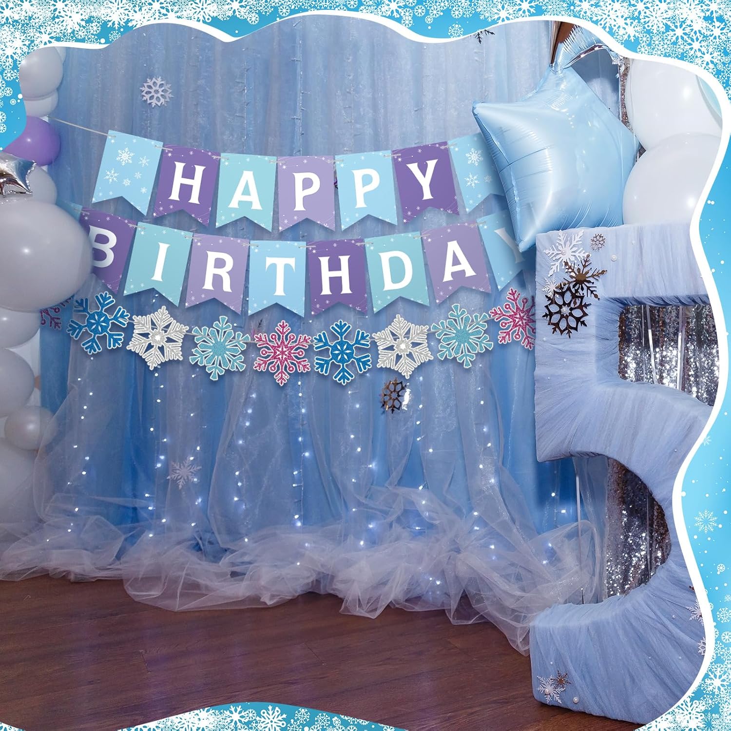 5 Pcs Snowflake Birthday Banner Set with Felt Castle Decorations
