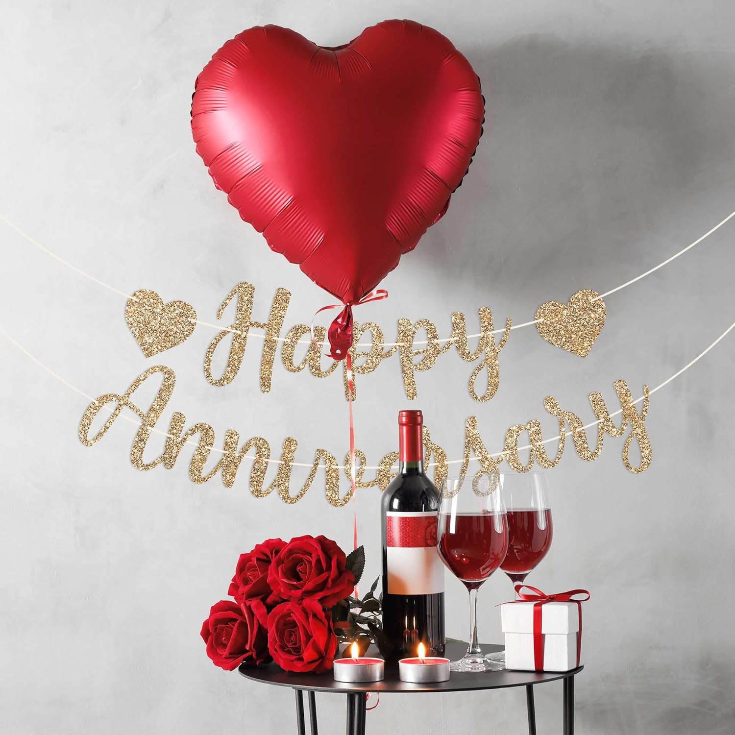 Pre-Strung Happy Anniversary Banner - Gold Glitter Wedding Decor
