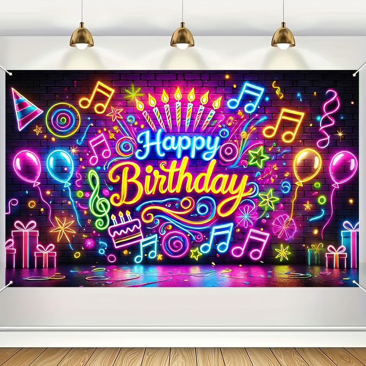 Neon Birthday Banner 71x43 Inch Glow in the Dark Photo Backdrop
