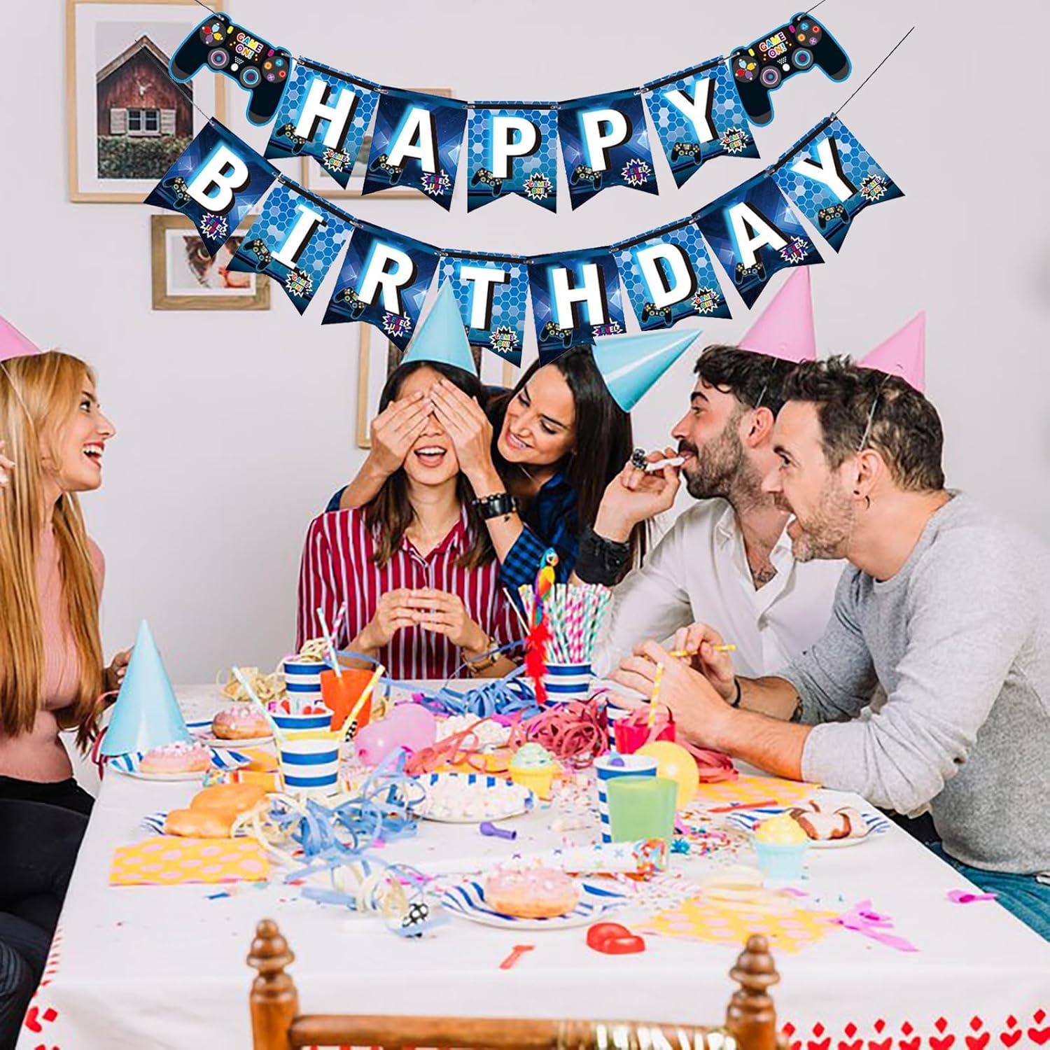 Gaming Birthday Banner for Kids Blue Party Decorations