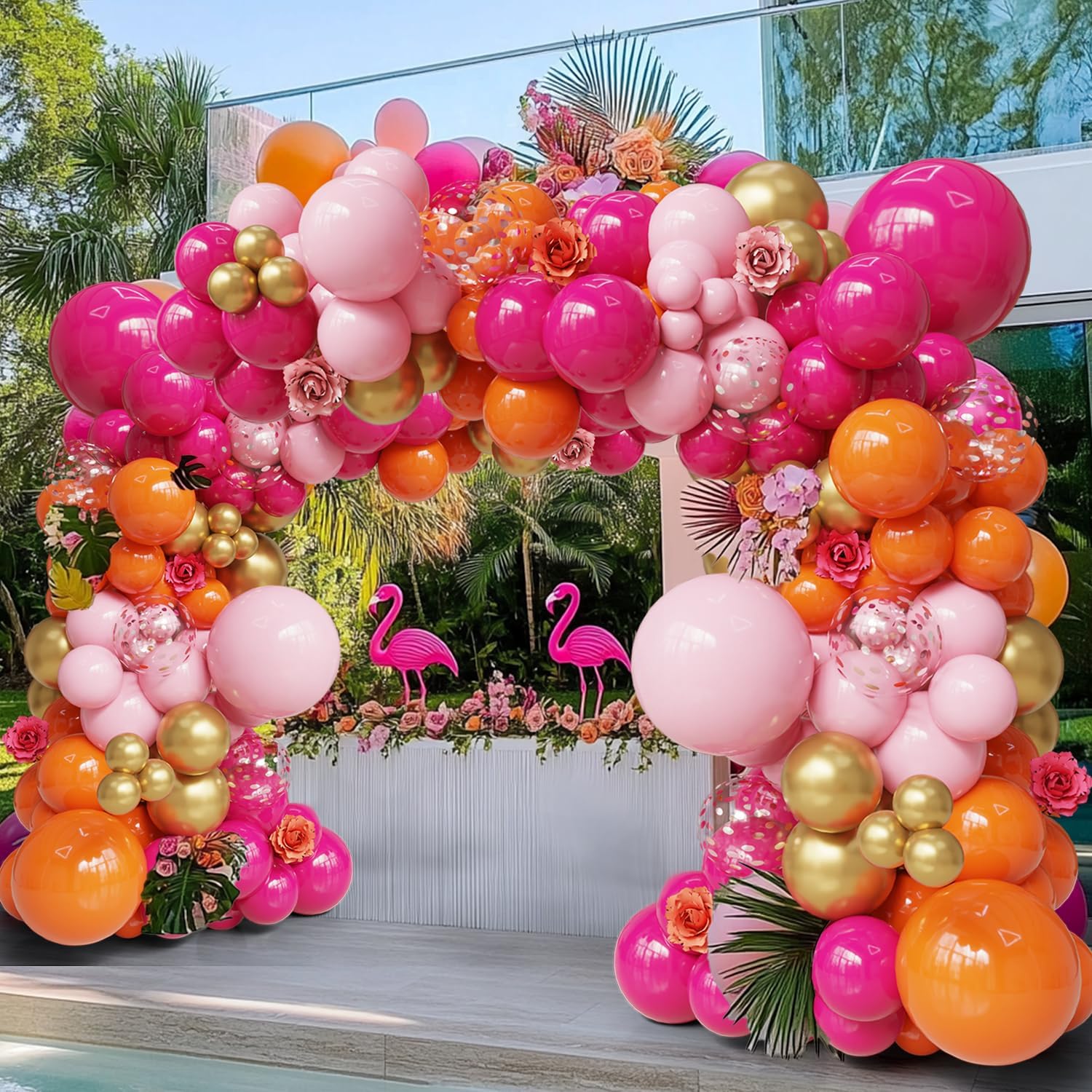 ECEAE Pink Orange Balloon Garland Kit with Hot Pink Gold Confetti Balloons