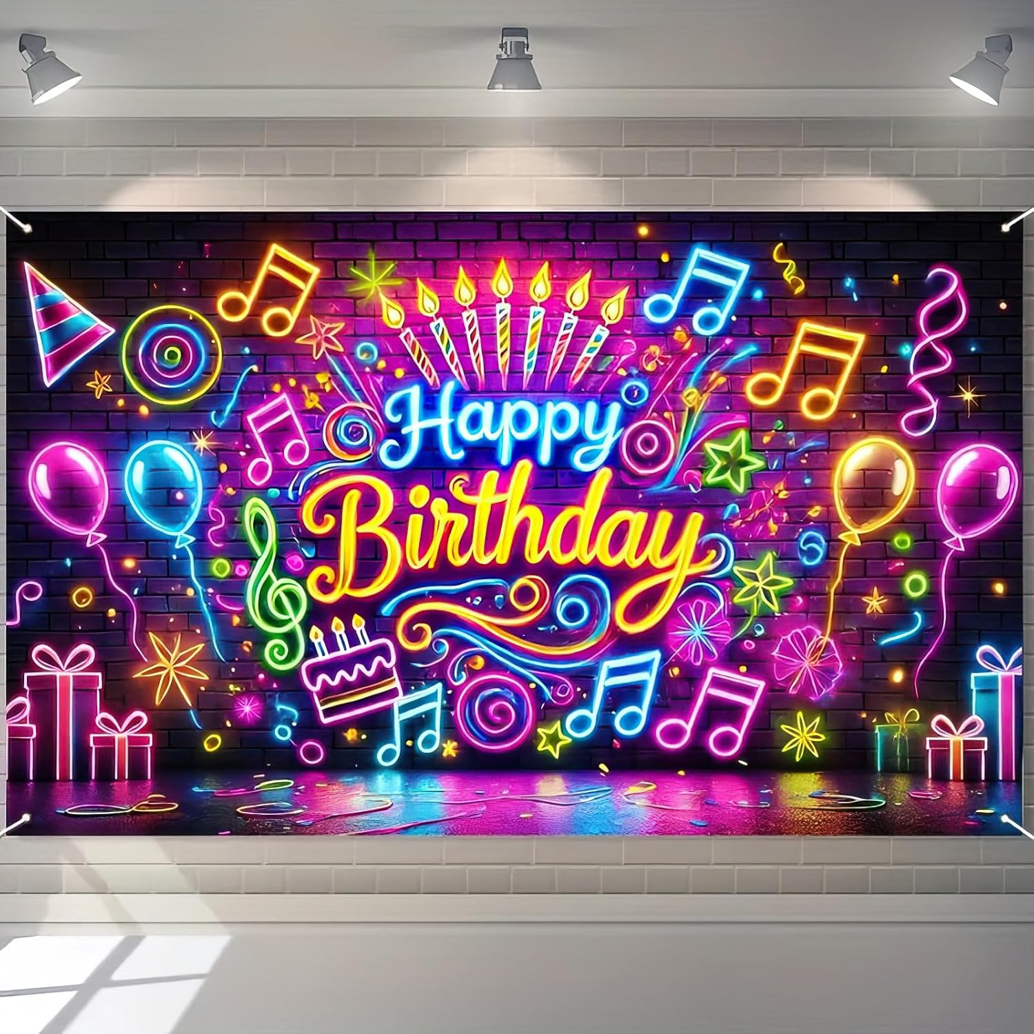 Neon Birthday Banner 71x43 Inch Glow in the Dark Photo Backdrop