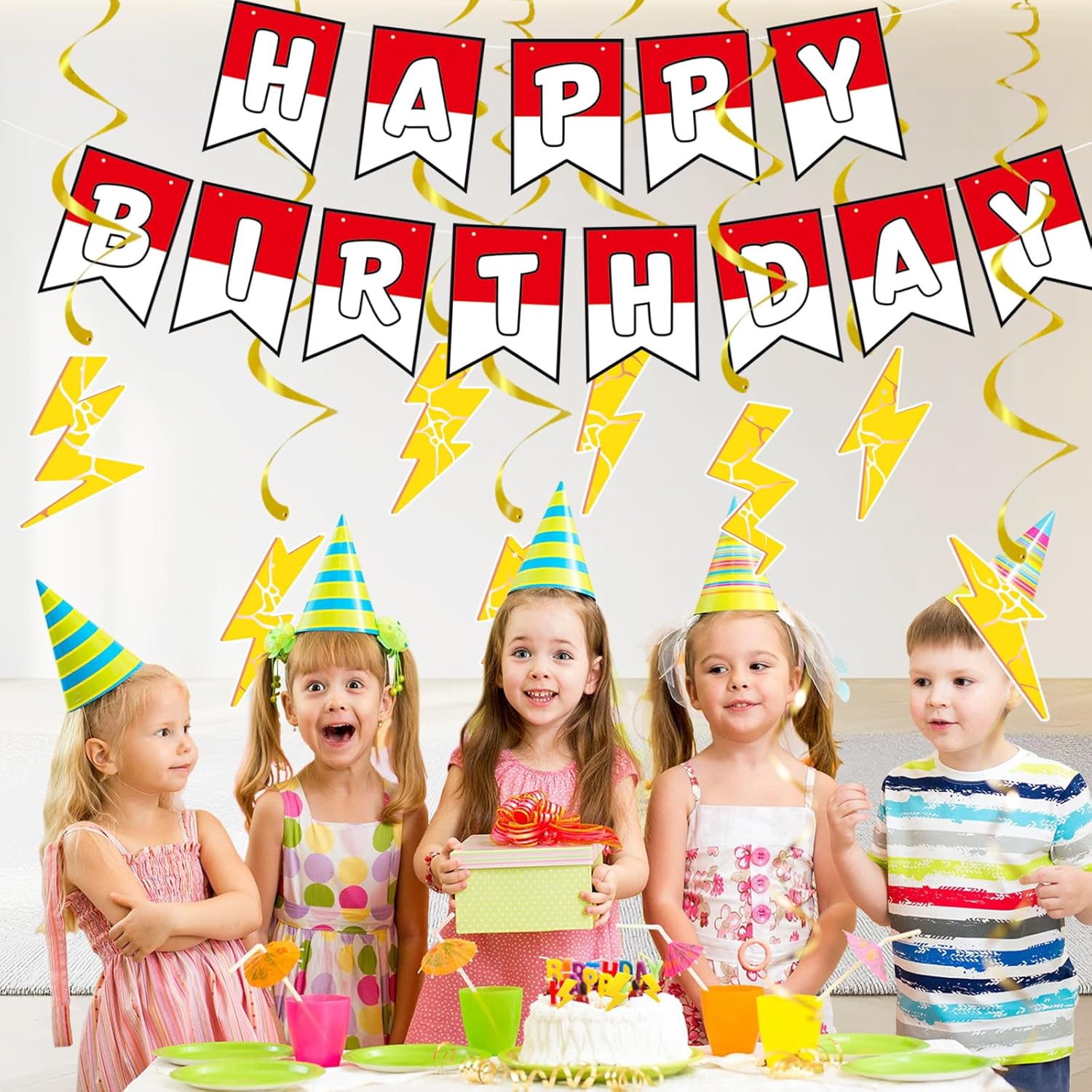 Cartoon Birthday Banner Set 8pcs Lightning Hanging Swirls Party Decorations