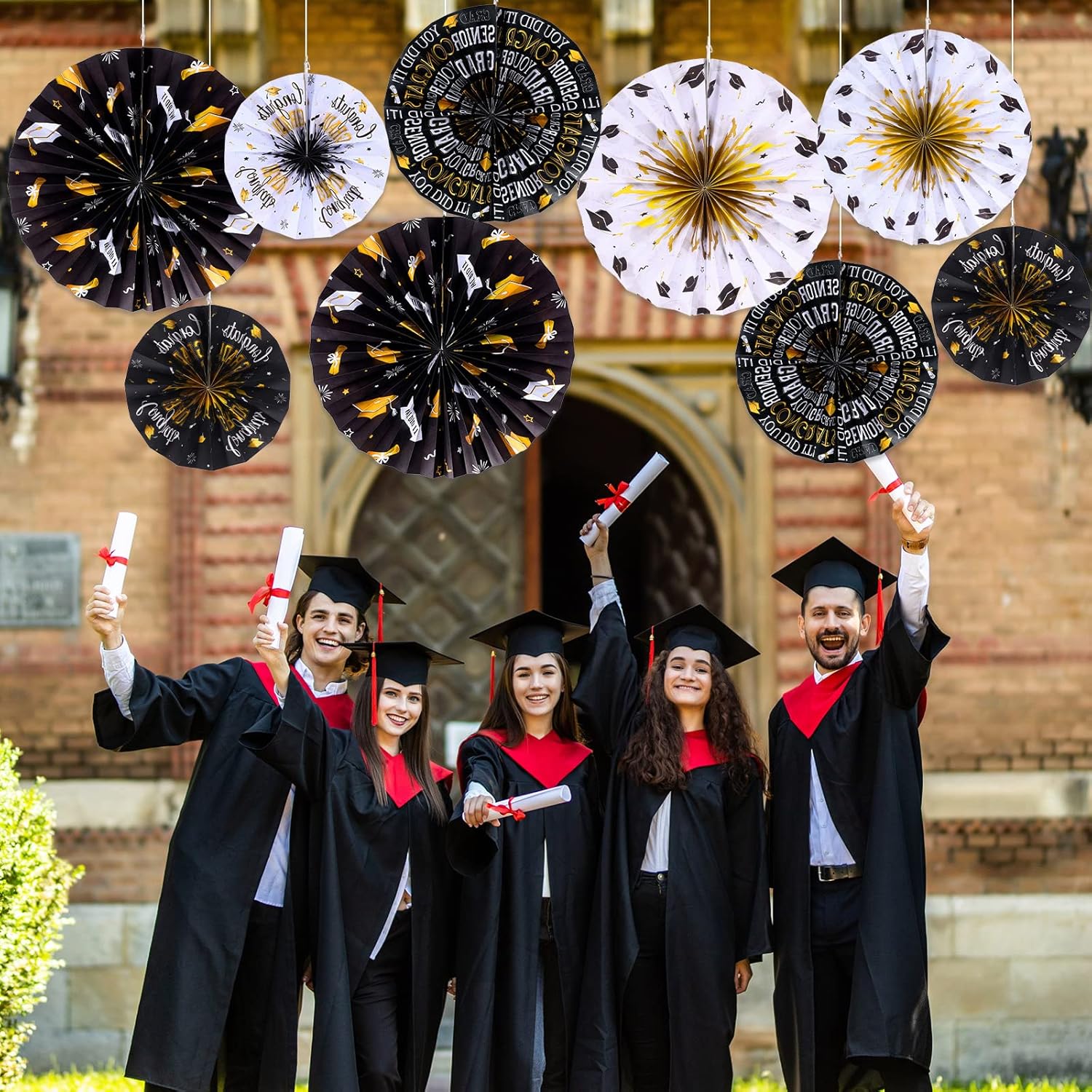 Outus 9 Pcs Graduation Party Decorations Black and Gold Fans