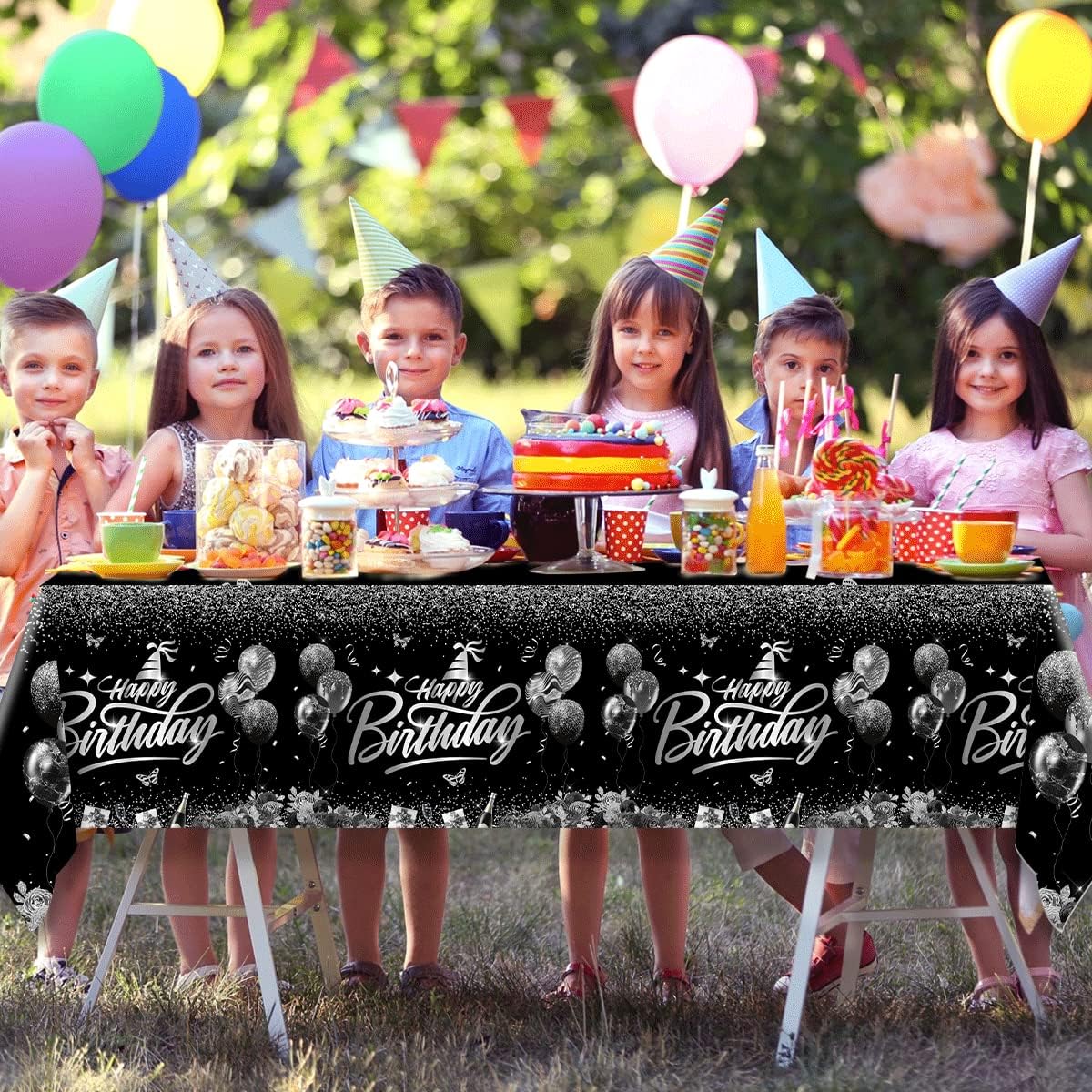 Happy Birthday Decorations 3pcs Silver Black Tablecloth