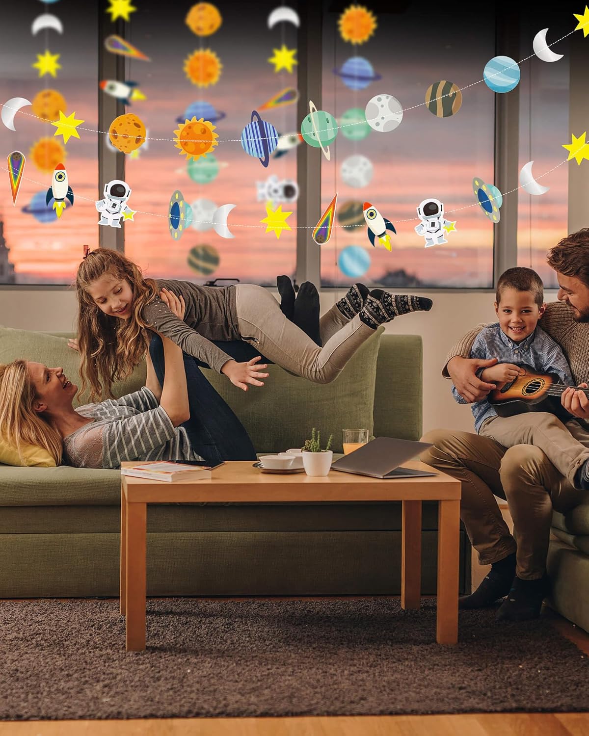 Galaxy Solar System Hanging Banner with Rockets and Stars