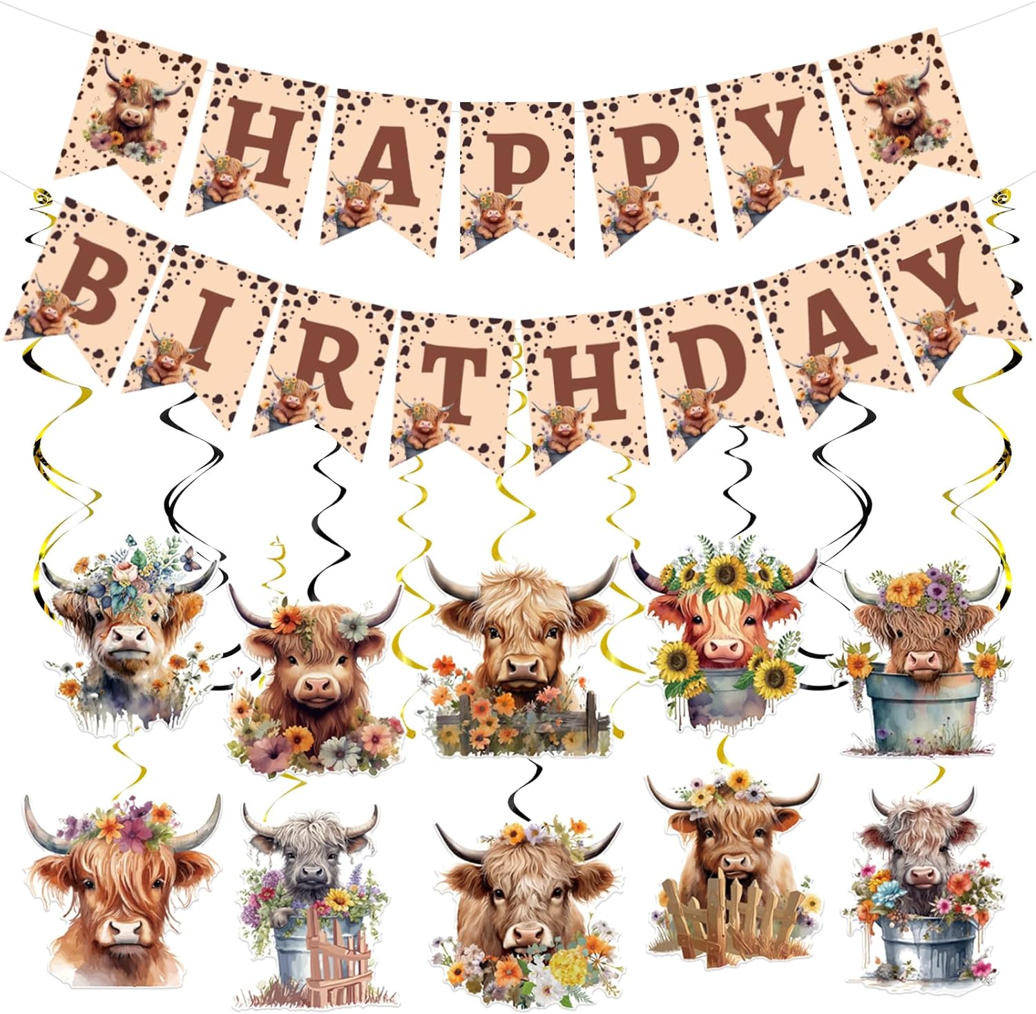 Highland Cow Birthday Decorations 16PCS Banners Hanging Swirls