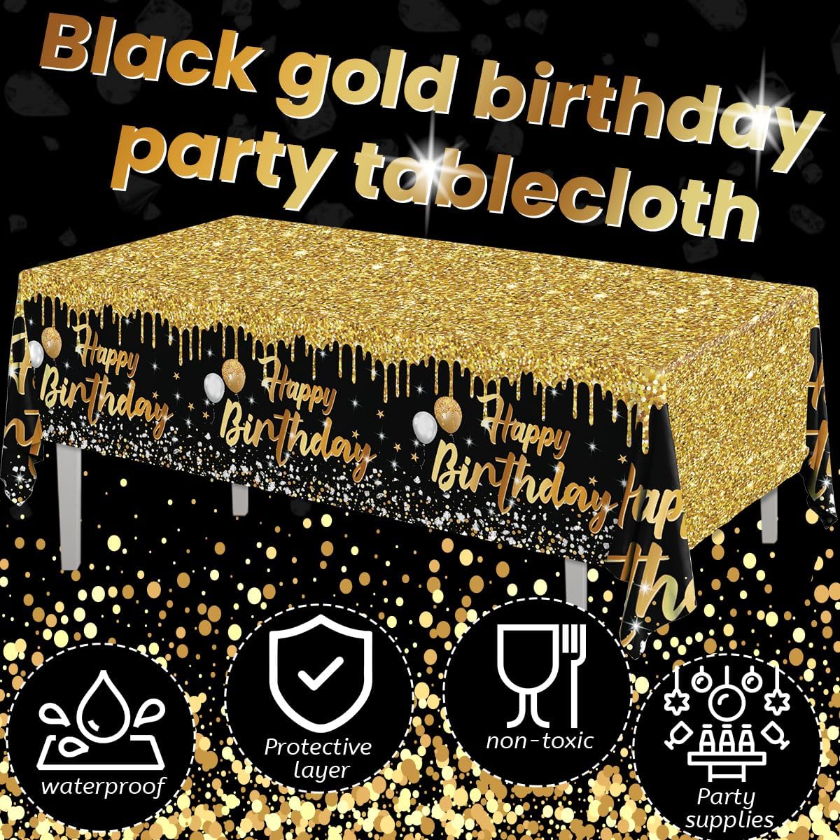 Happy Birthday Tablecloths 3pcs Black and Gold Glitter