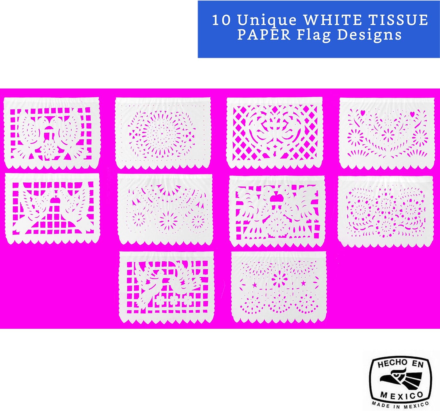 White Papel Picado Banner Set 5 Pack - Mexican Party Decorations