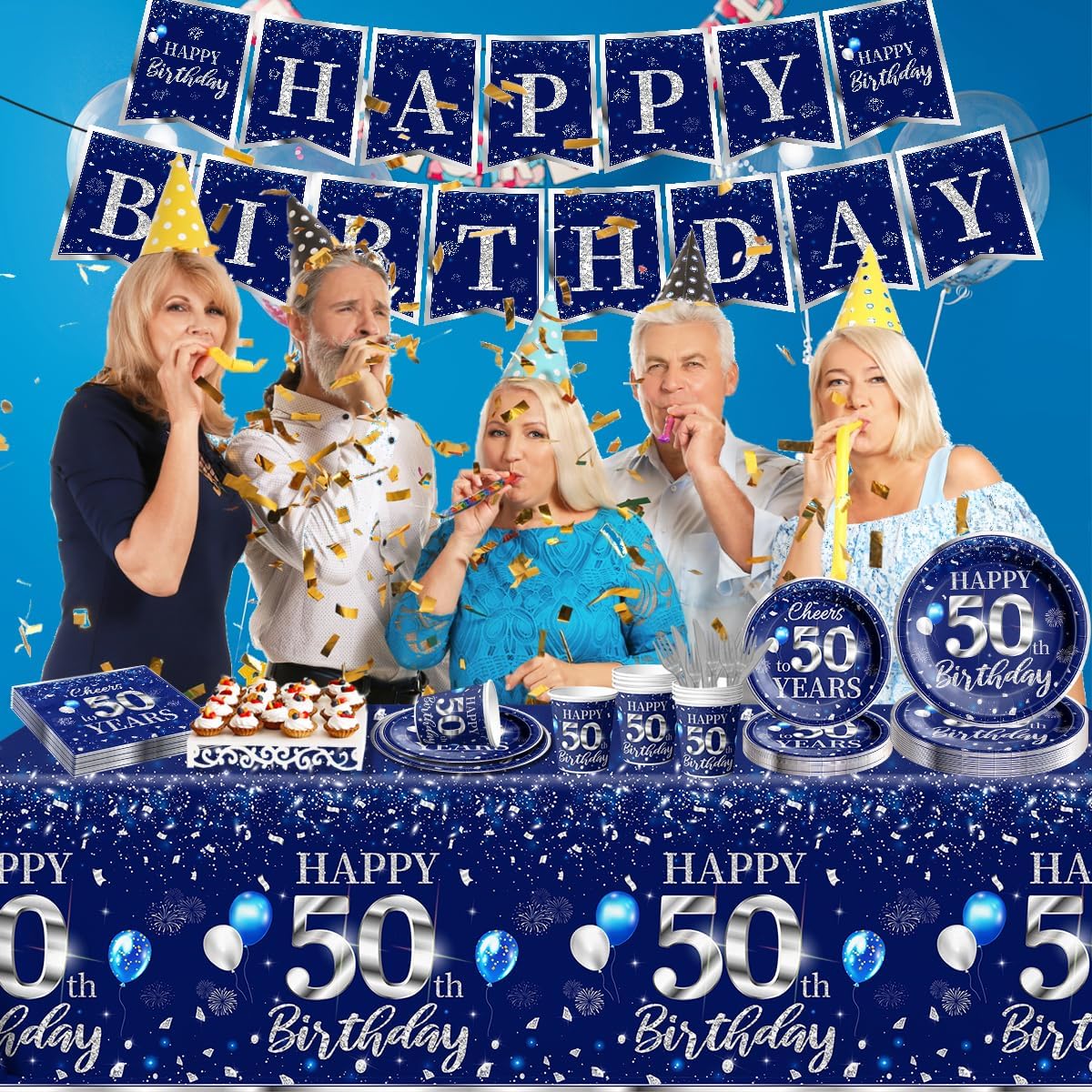 50th Birthday Tableware Set with Blue and Silver Decorations