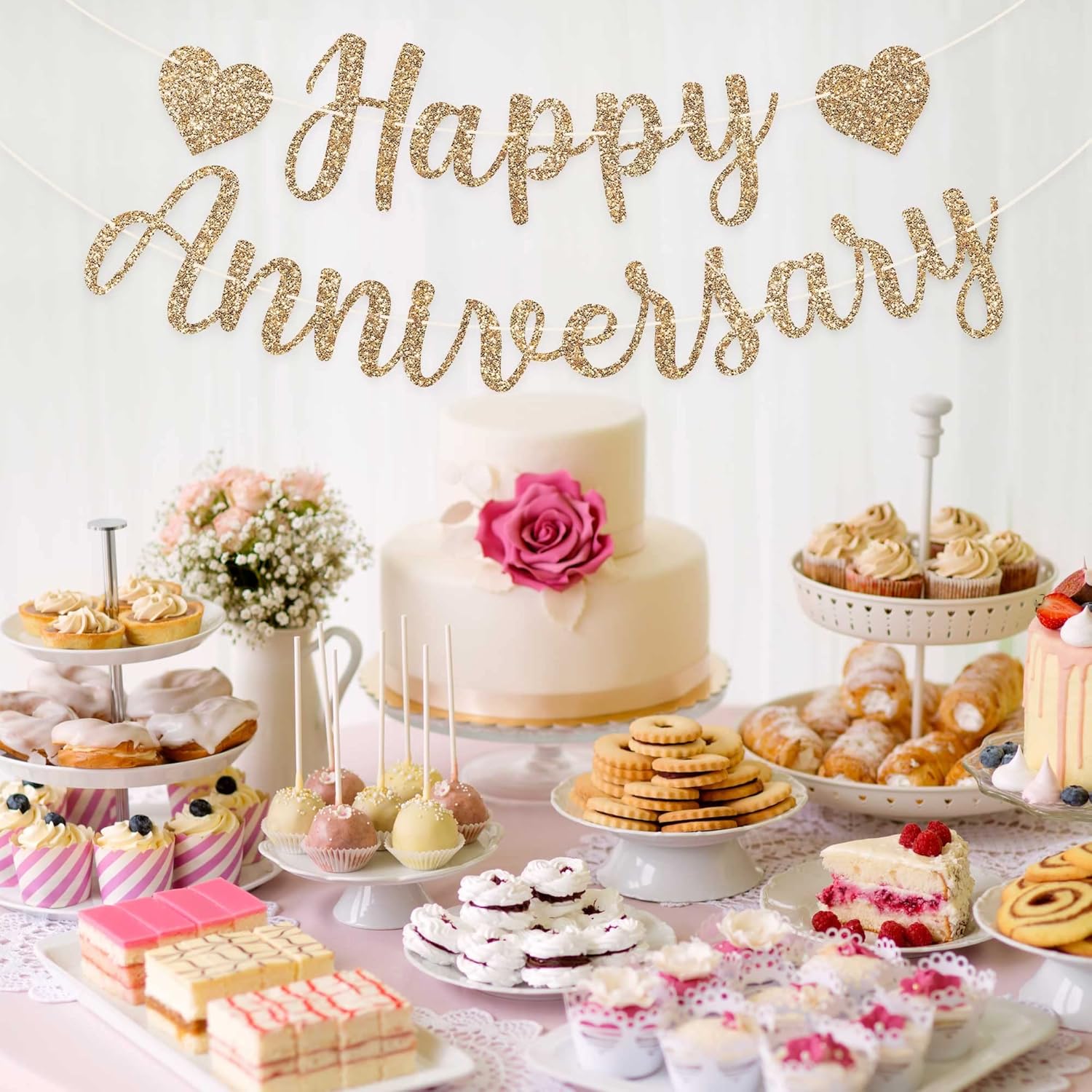 Pre-Strung Happy Anniversary Banner - Gold Glitter Wedding Decor