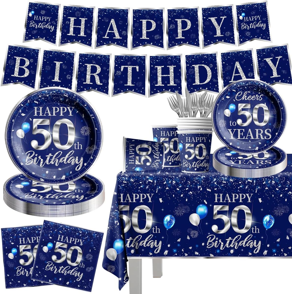 50th Birthday Tableware Set with Blue and Silver Decorations