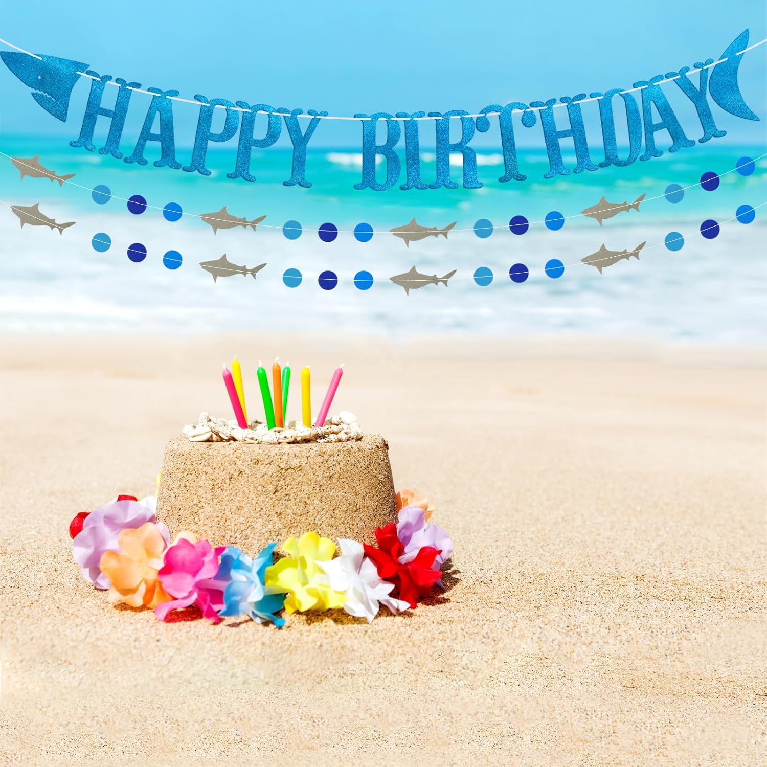 Shark Happy Birthday Banner and Garlands Blue