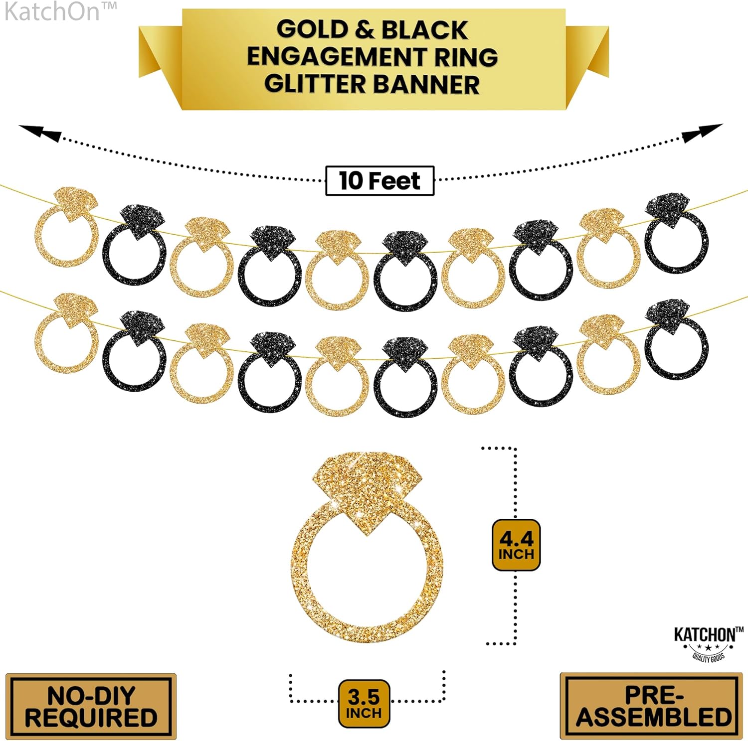 KatchOn Black and Gold Engagement Ring Banner - 10 Feet Pre-Strung