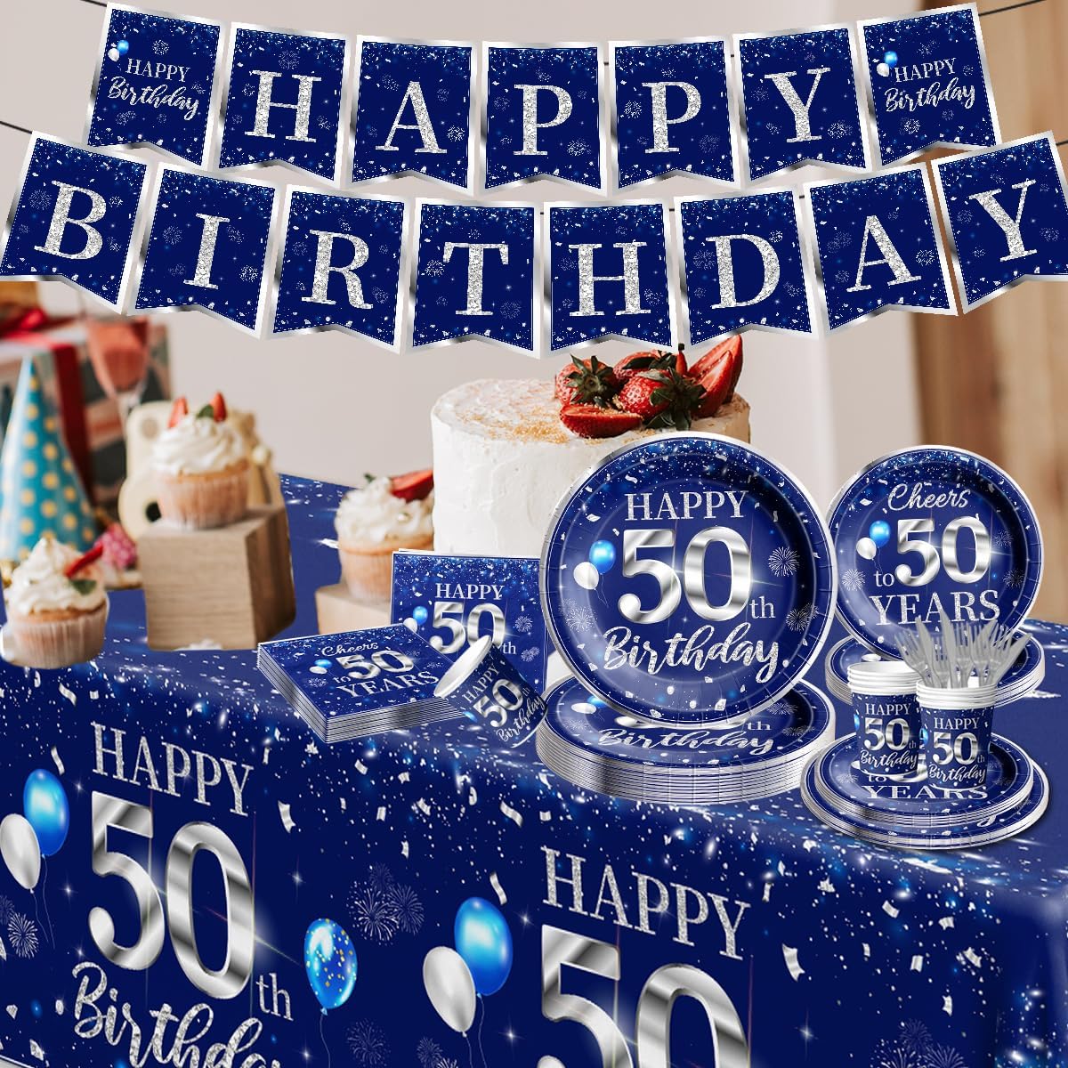50th Birthday Tableware Set with Blue and Silver Decorations