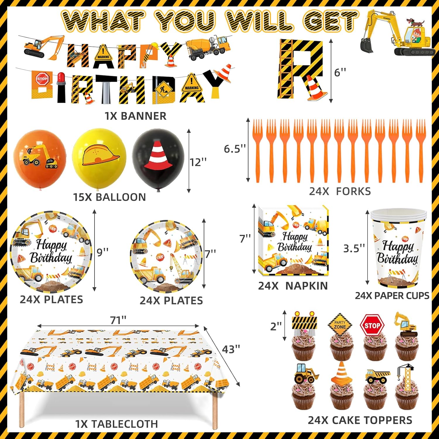 Construction Birthday Party Supplies for 24 Guests