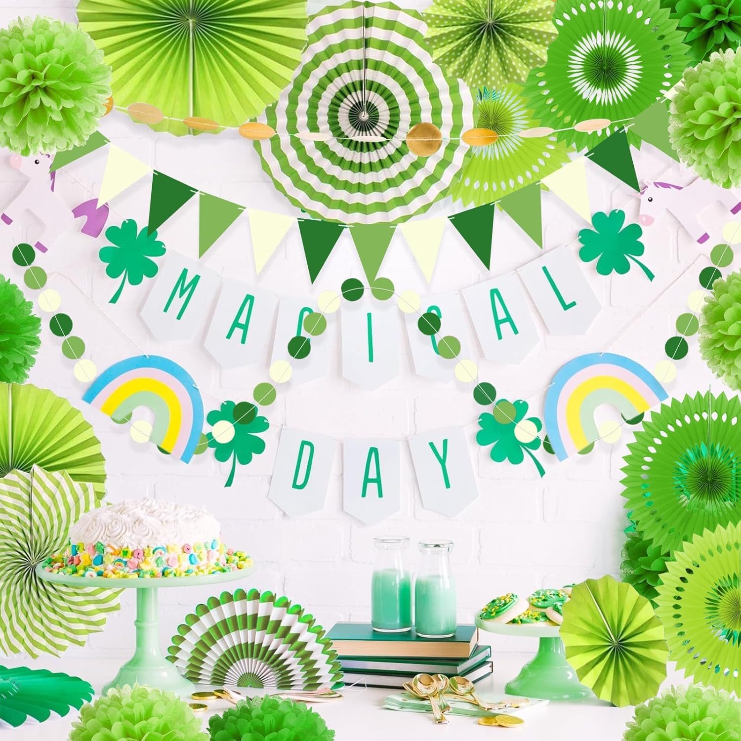 Green Party Decorations with Hanging Fan Pom Poms Garland Pennant