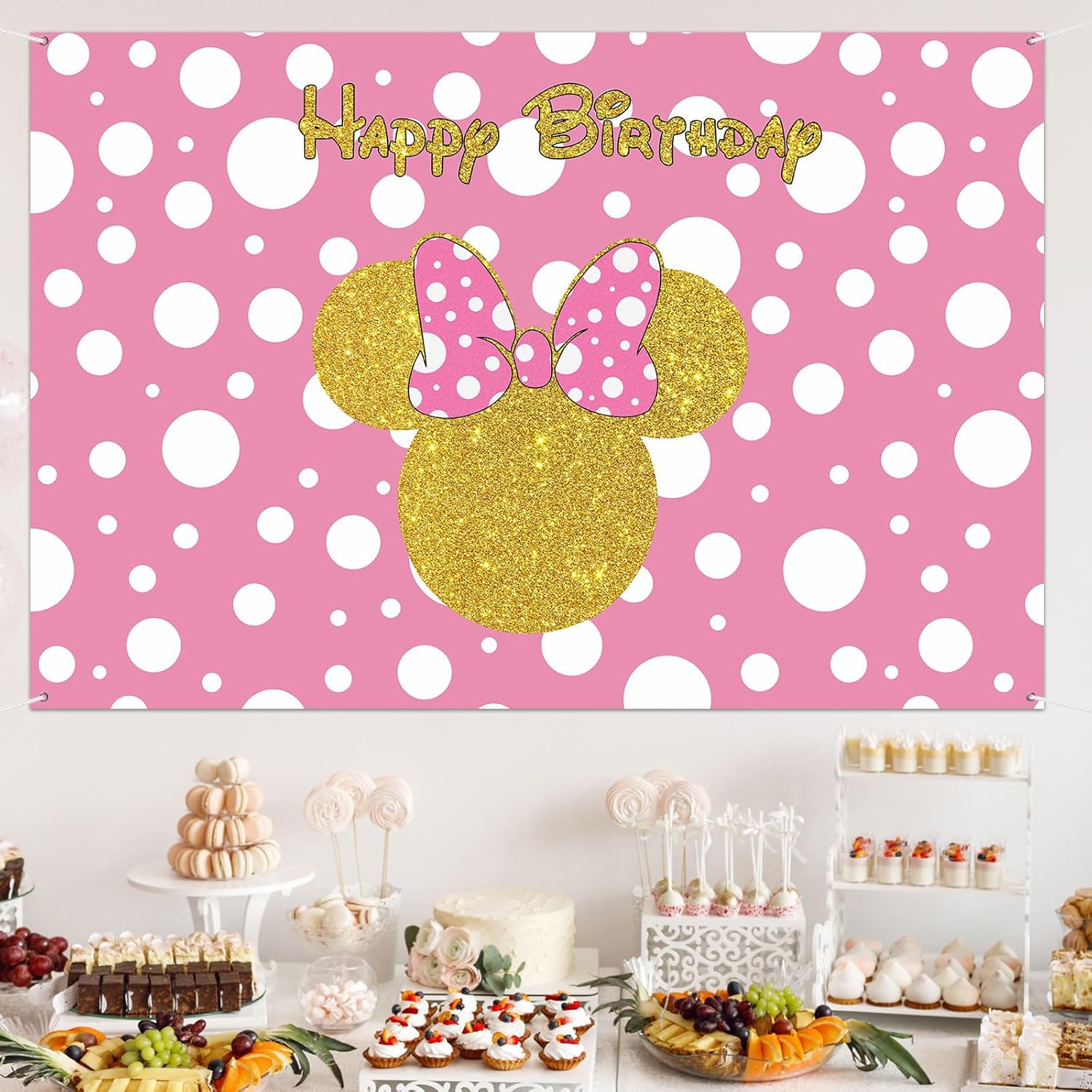 Happy Birthday Mouse Girl Themed Backdrop Pink Cartoon Party Decorations