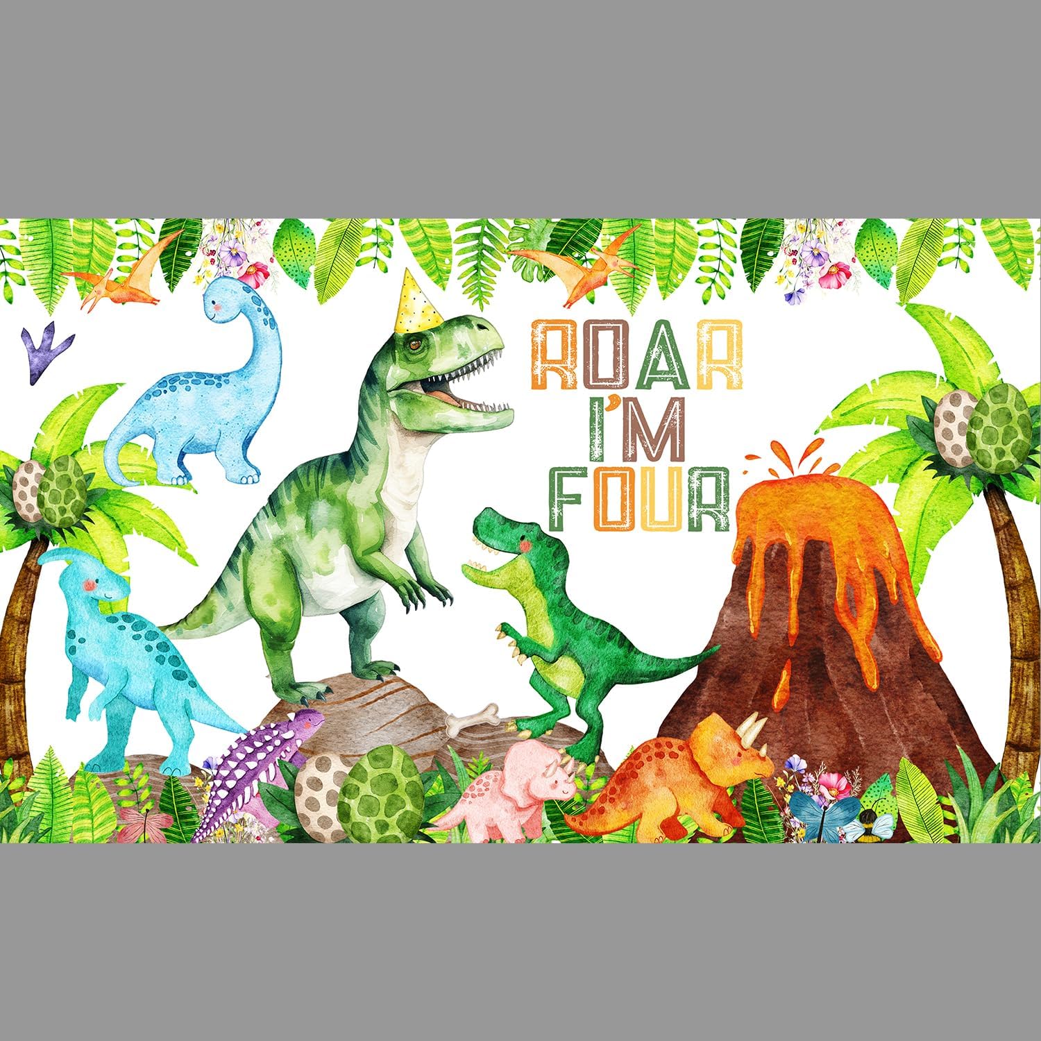Dinosaur 4th Birthday Decorations Banner Backdrop