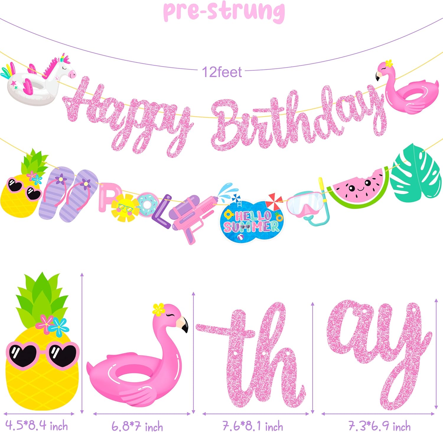 Pool Birthday Party Banners 2pcs Glitter Pink Hawaii Decorations