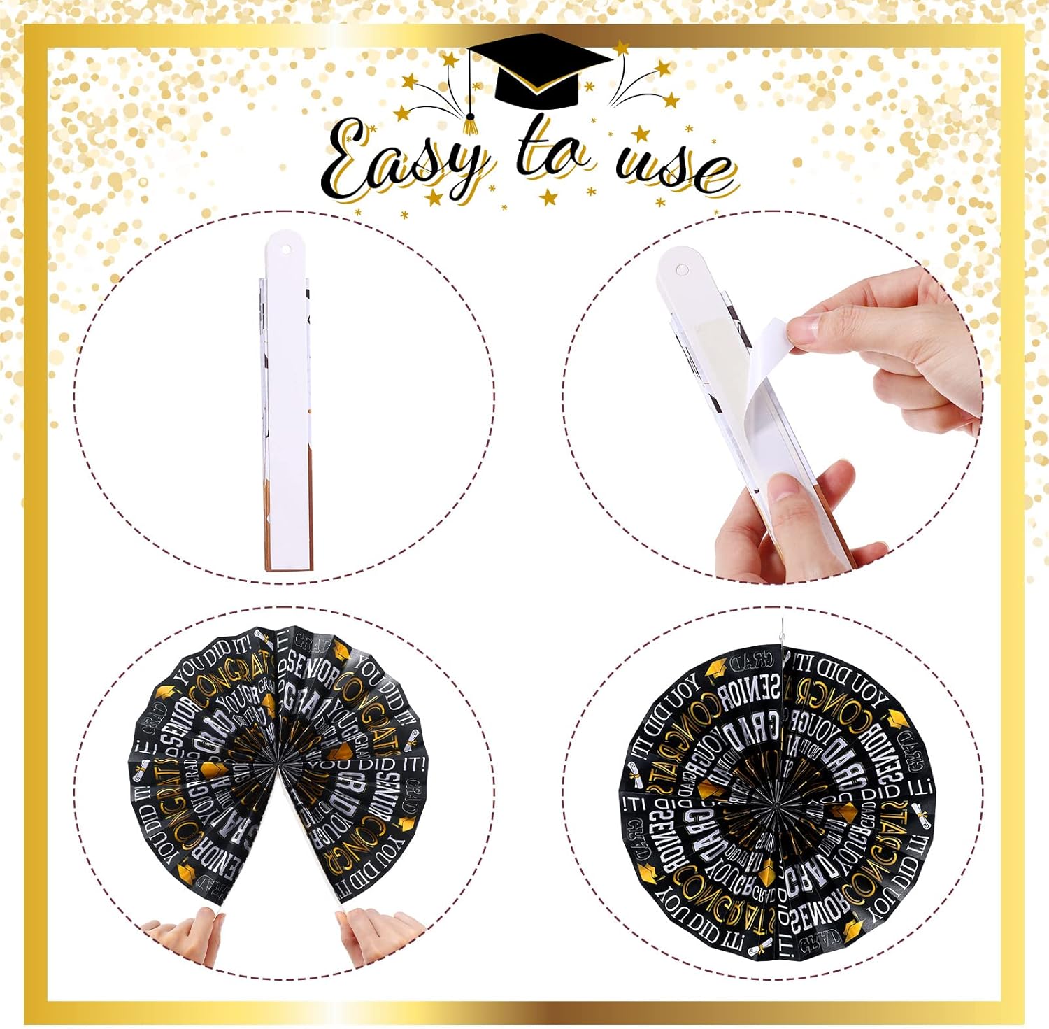 Outus 9 Pcs Graduation Party Decorations Black and Gold Fans