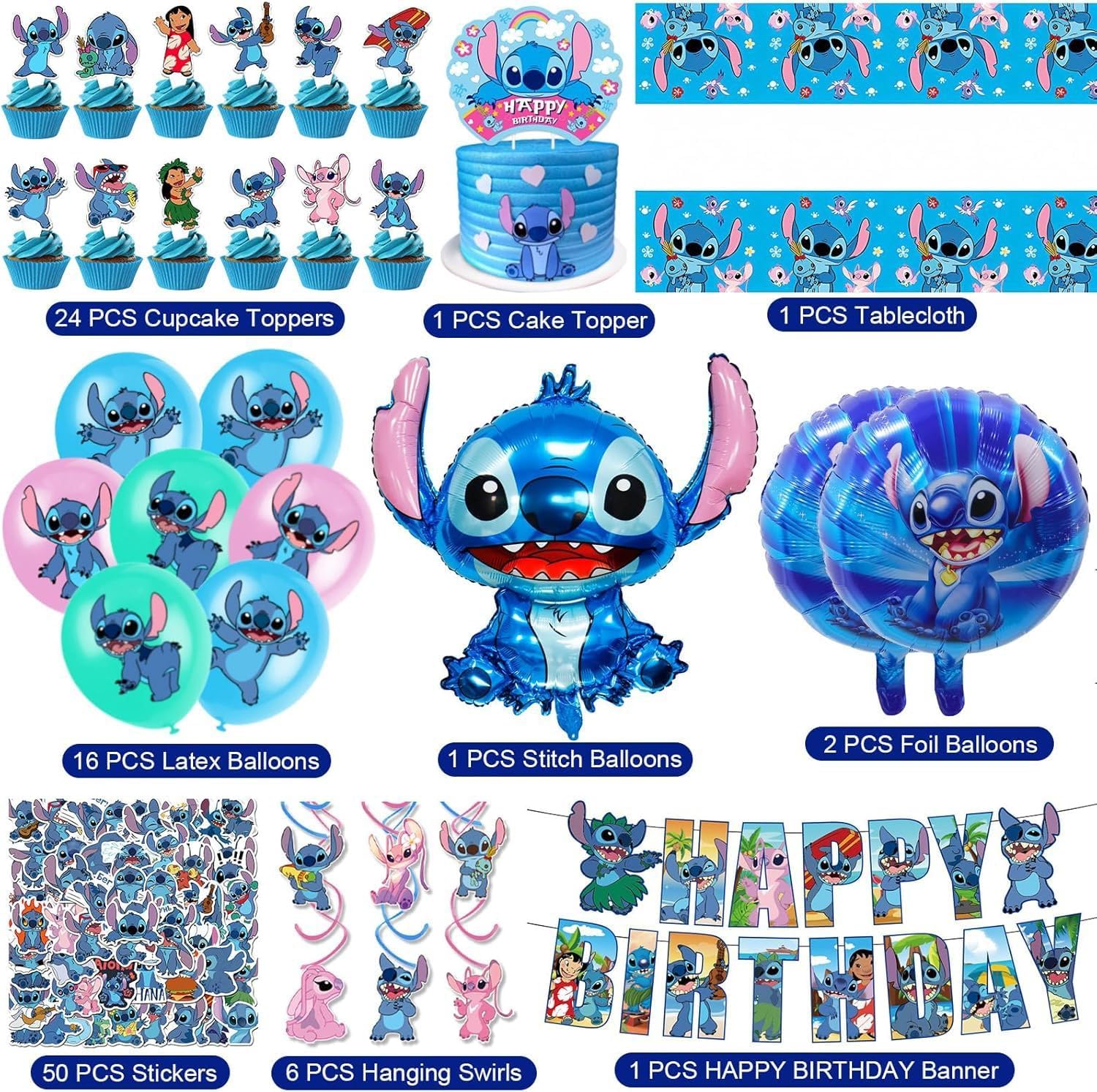 Stitch Party Supplies 102 PCS Themed Birthday Decorations Set