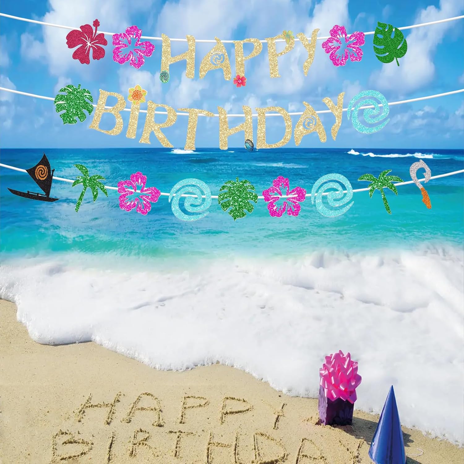 Hawaiian Happy Birthday Banner - Glittery Gold Party Decor