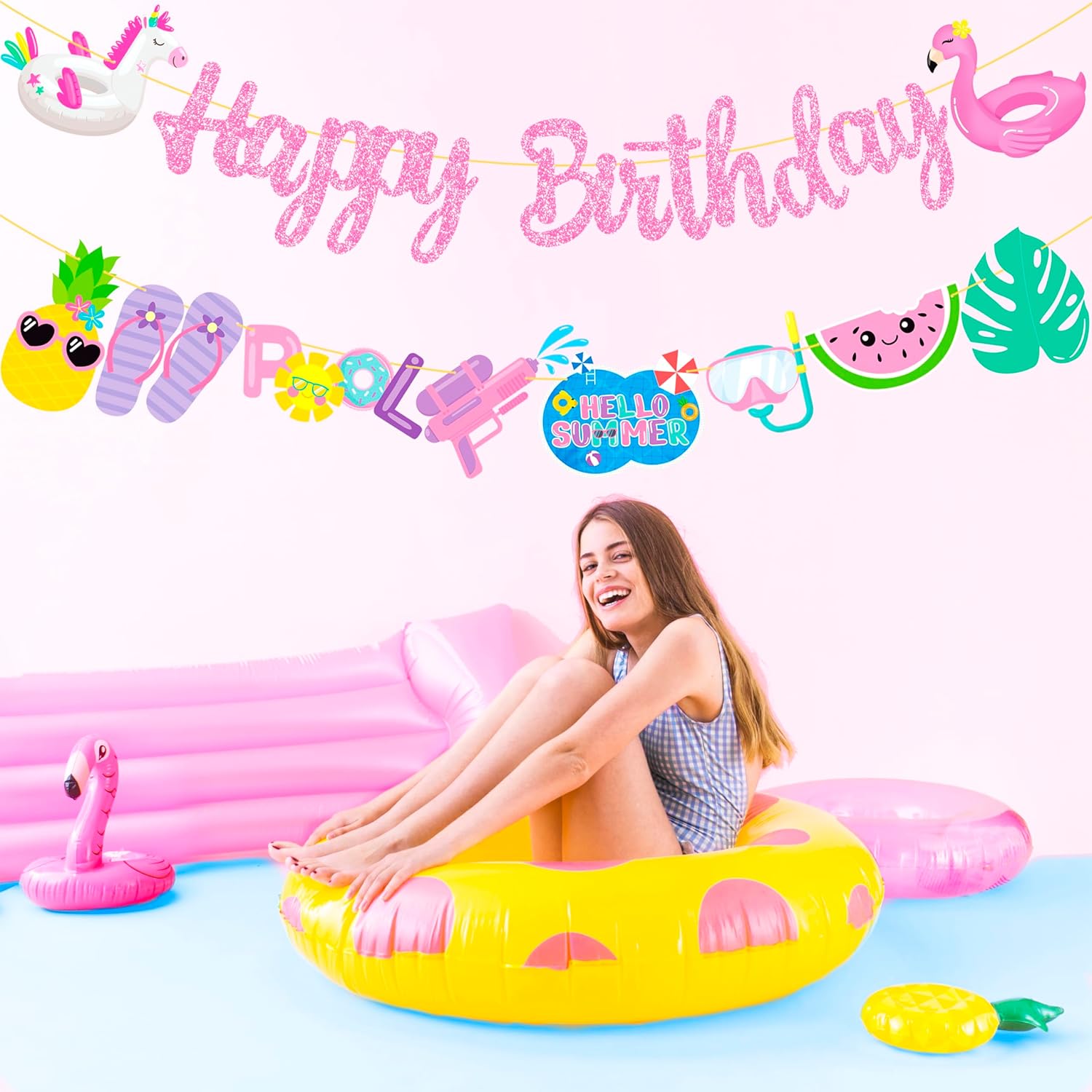 Pool Birthday Party Banners 2pcs Glitter Pink Hawaii Decorations
