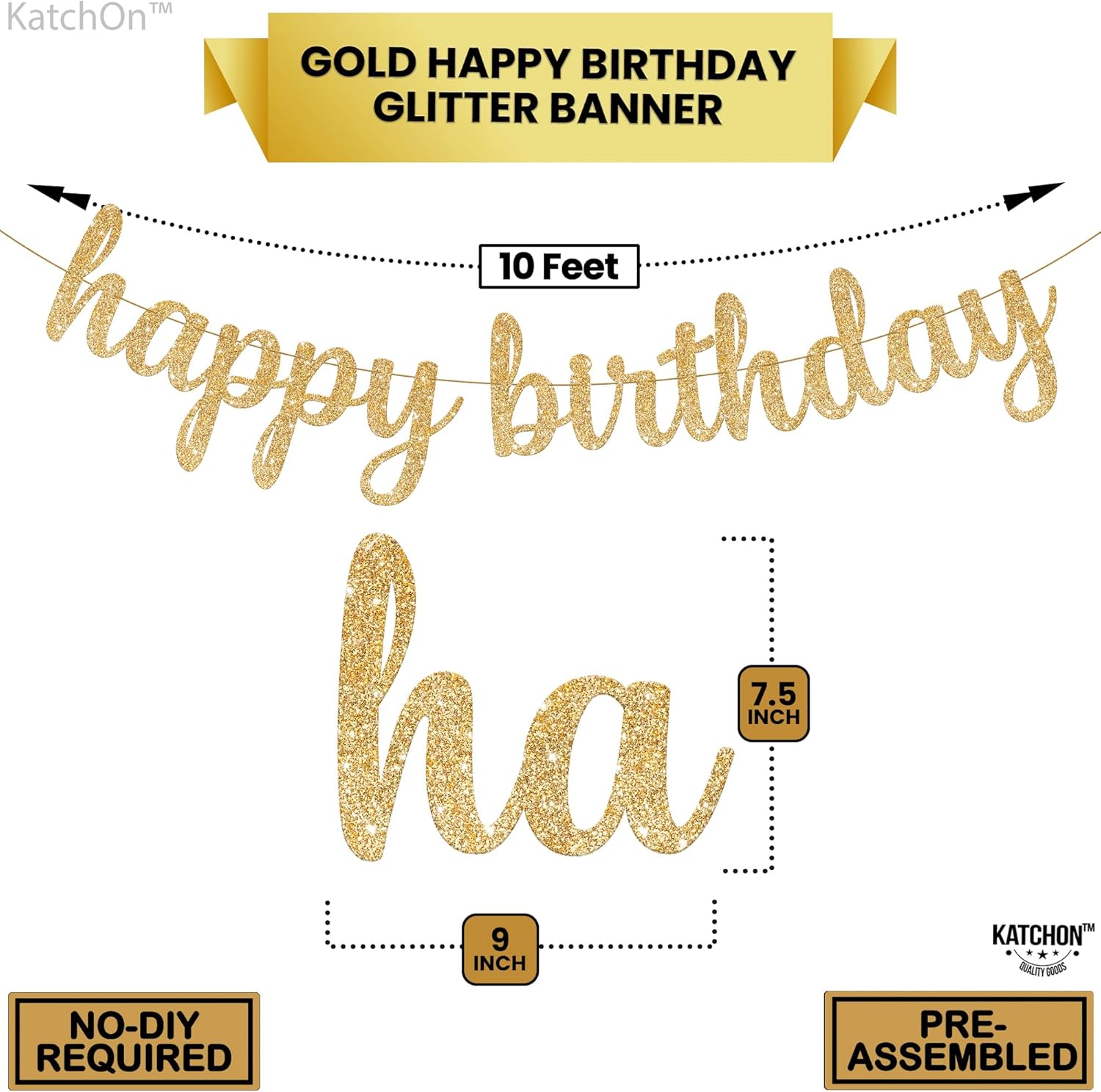 KatchOn Gold Happy Birthday Banner 10 Feet Pre-Strung