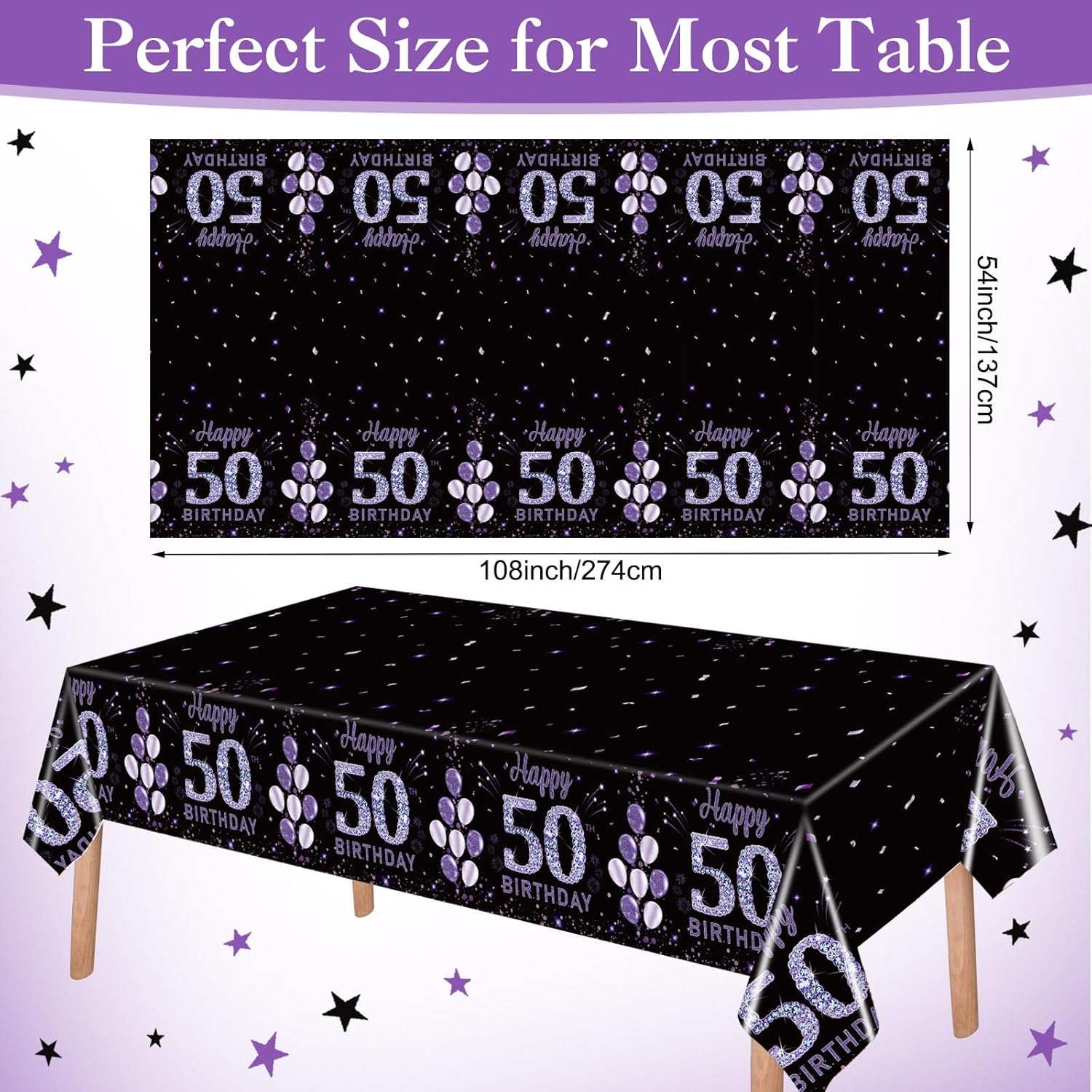 Ganeen 3 Pack Birthday Tablecloth Purple Black 50th Birthday Decorations