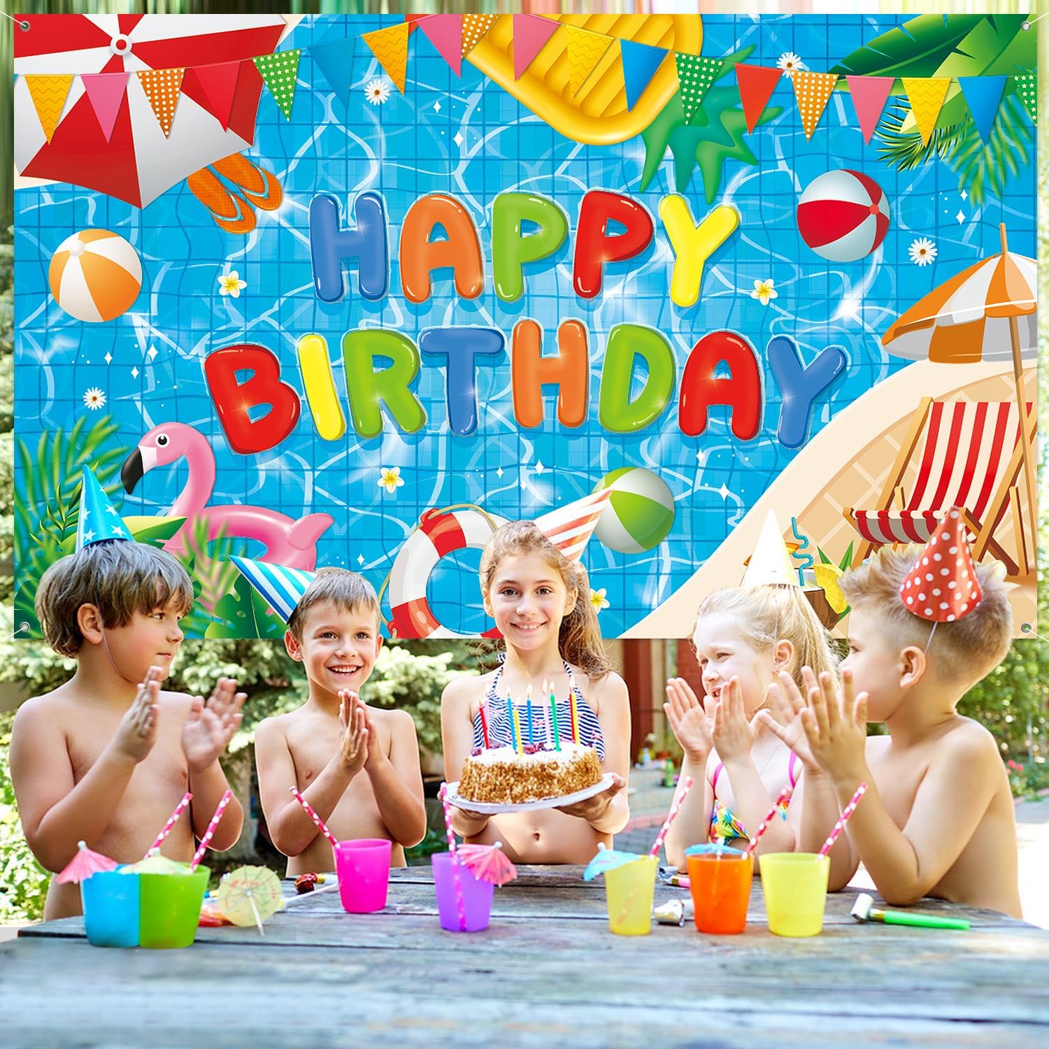 Pool Party Birthday Banner Backdrop Decorations
