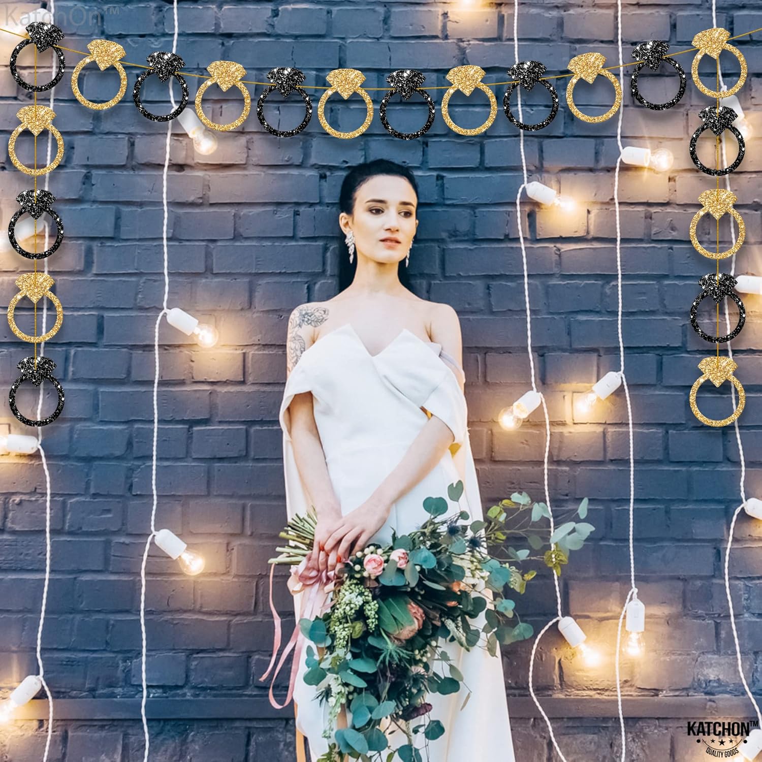 KatchOn Black and Gold Engagement Ring Banner - 10 Feet Pre-Strung