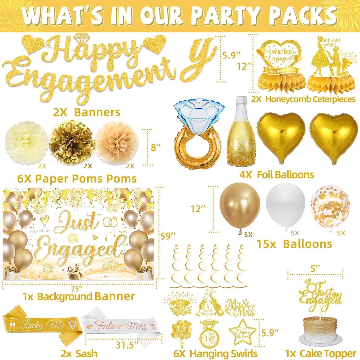 Gold Engagement Party Decorations Set with Balloons and Swirls