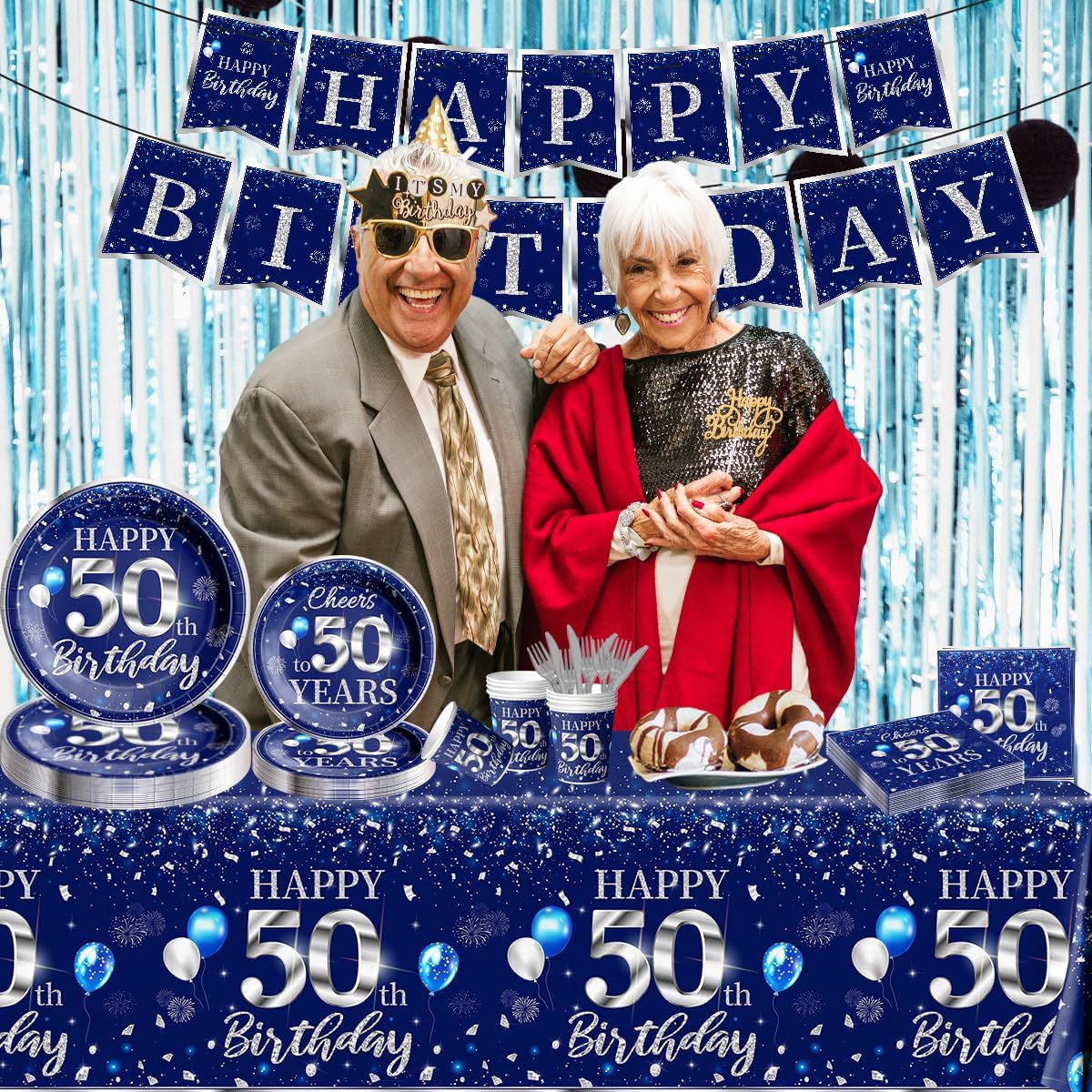 50th Birthday Tableware Set with Blue and Silver Decorations