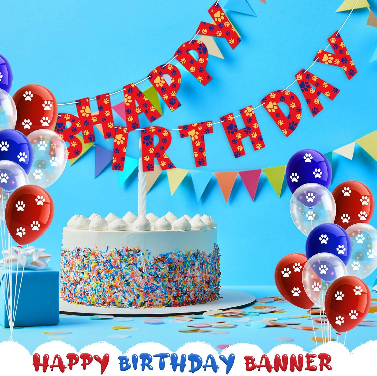 Dog Paw Birthday Banner Red Cartoon Party Decoration