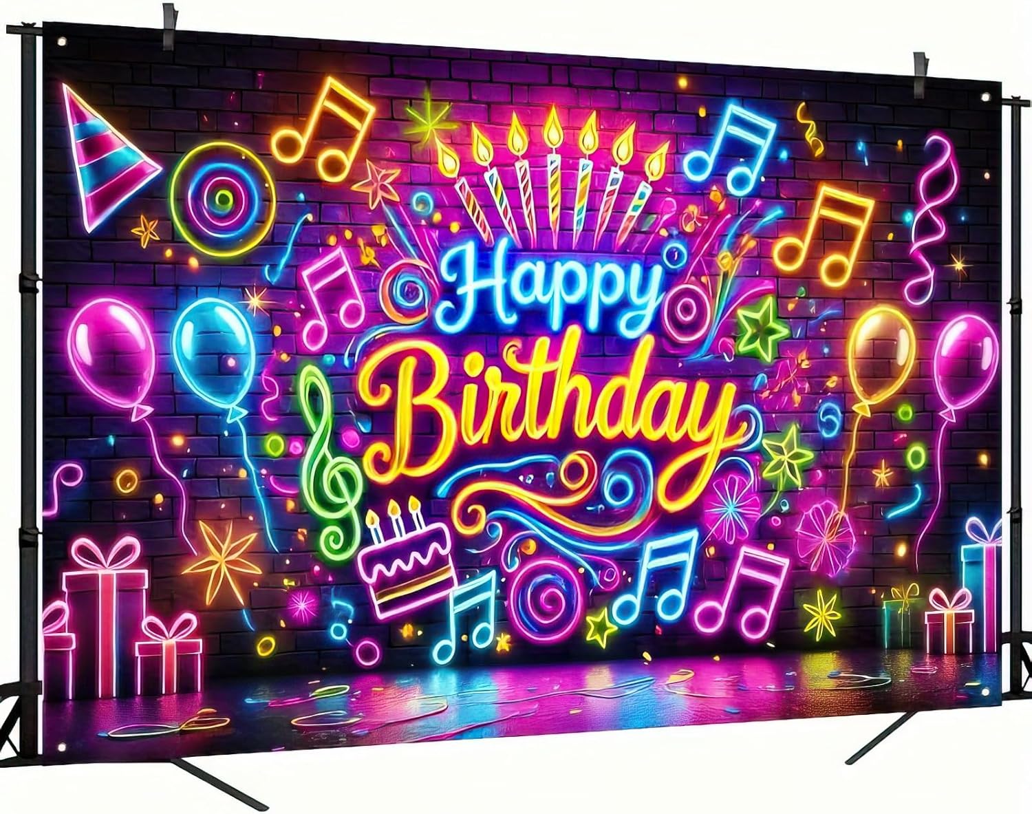 Neon Birthday Banner 71x43 Inch Glow in the Dark Photo Backdrop