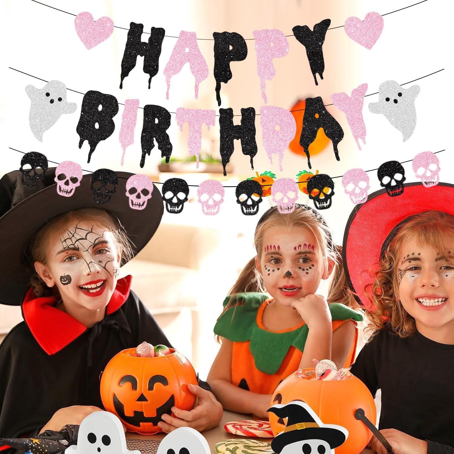 Pink Glitter Halloween Birthday Banner with Skull Heart Design