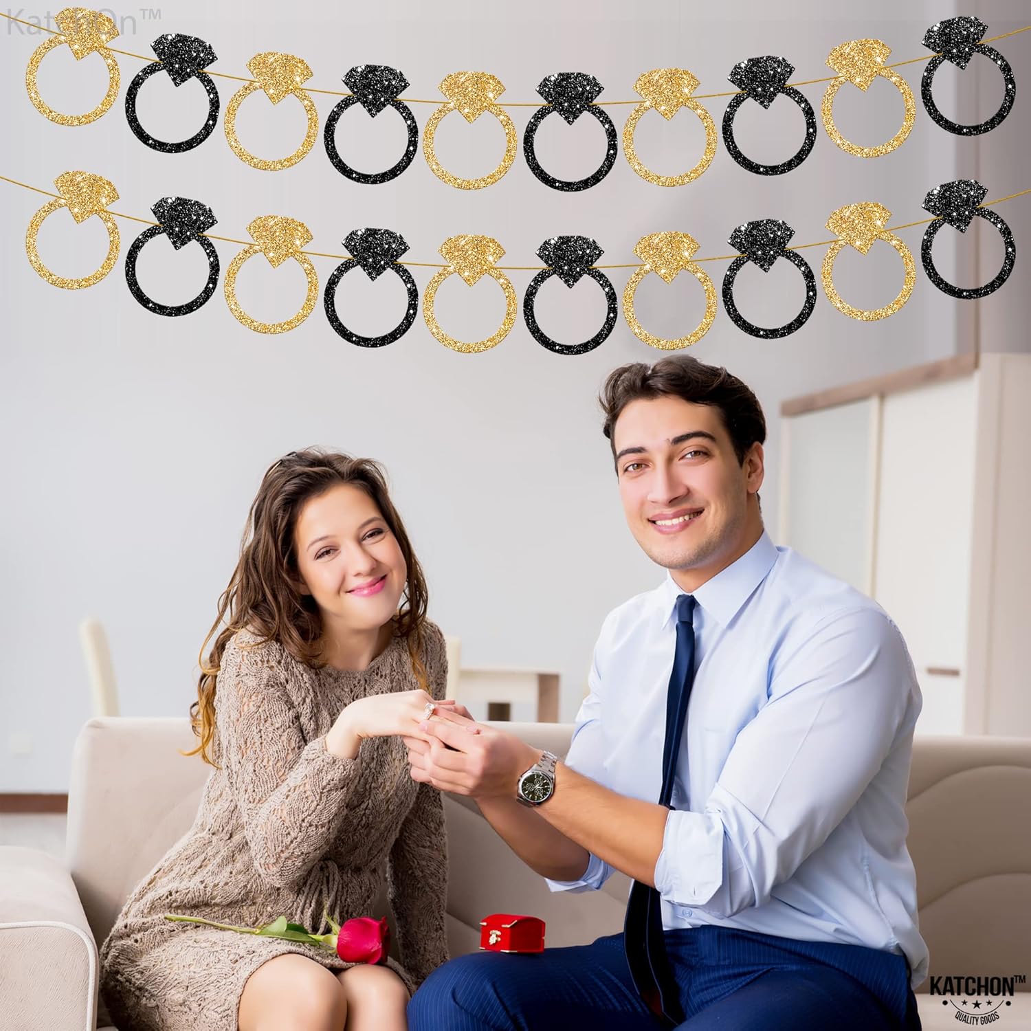 KatchOn Black and Gold Engagement Ring Banner - 10 Feet Pre-Strung