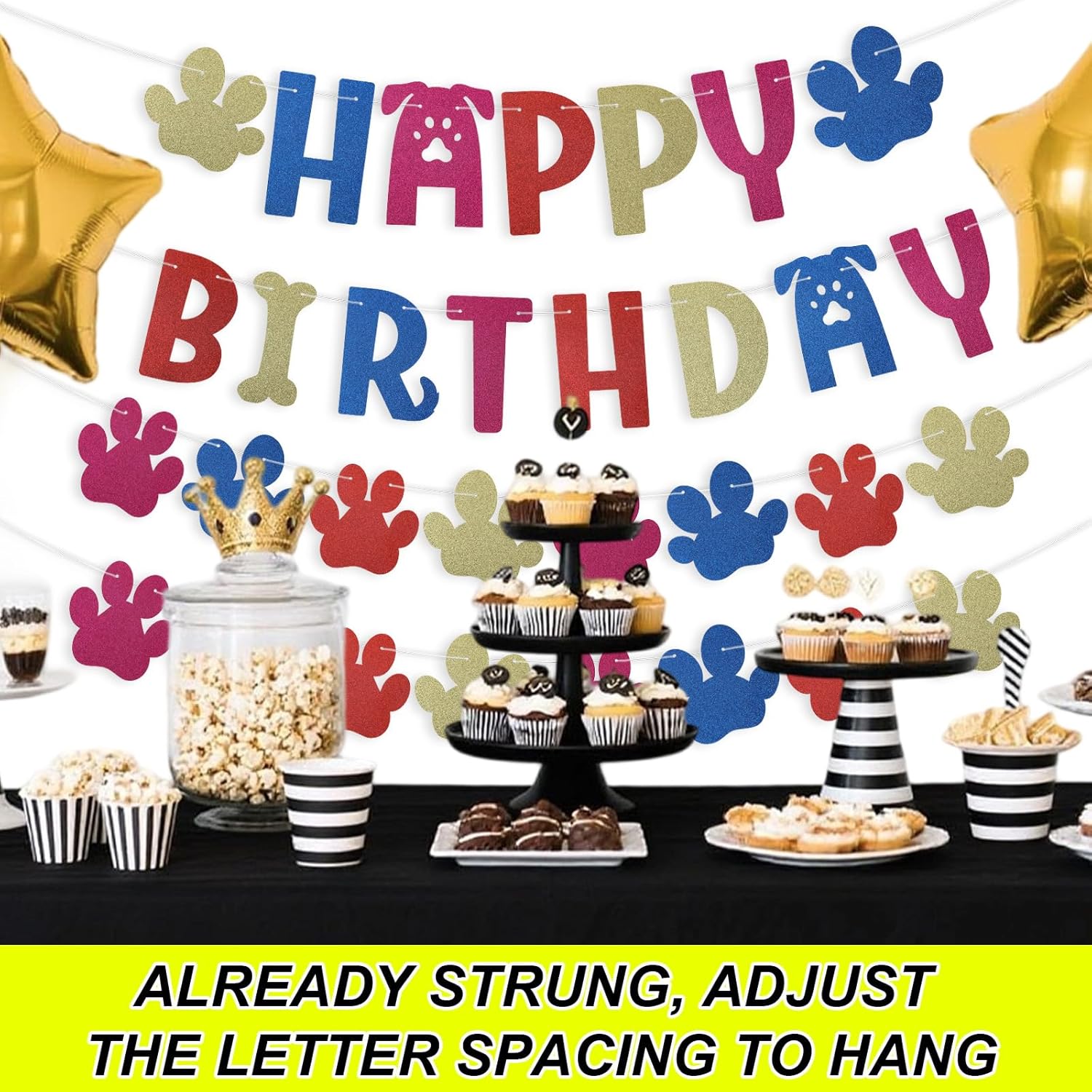 Dog Paw Birthday Banner with Letters and Cartoon Design