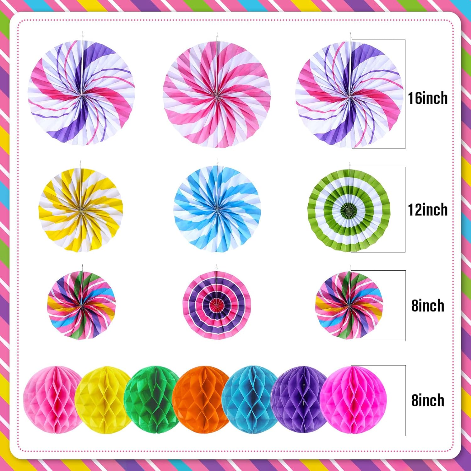Outus 21 Pcs Candyland Party Decorations Hanging Fans Pom Poms