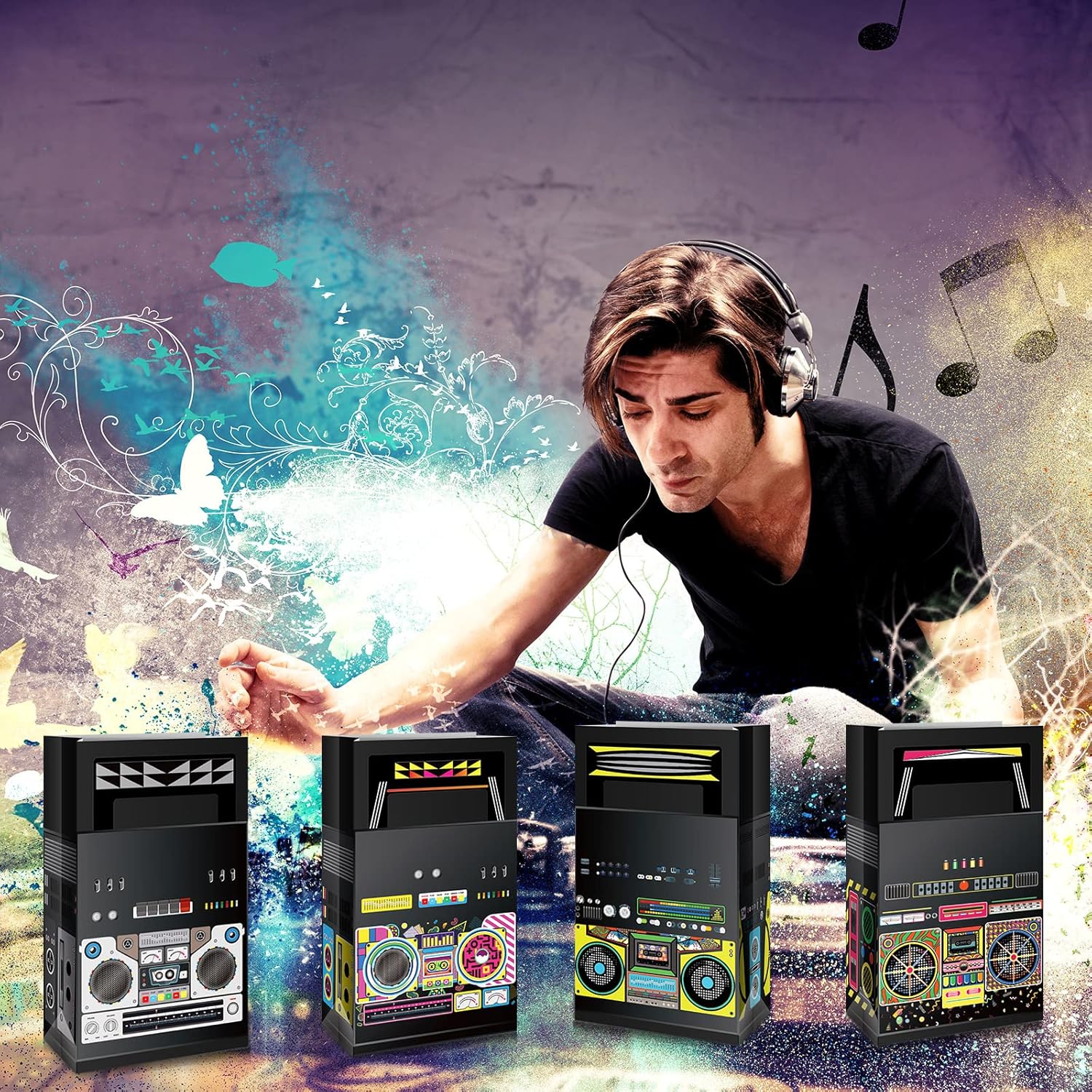Nezyo 24 Piece 80s 90s Party Favor Bags with Retro Boombox Designs
