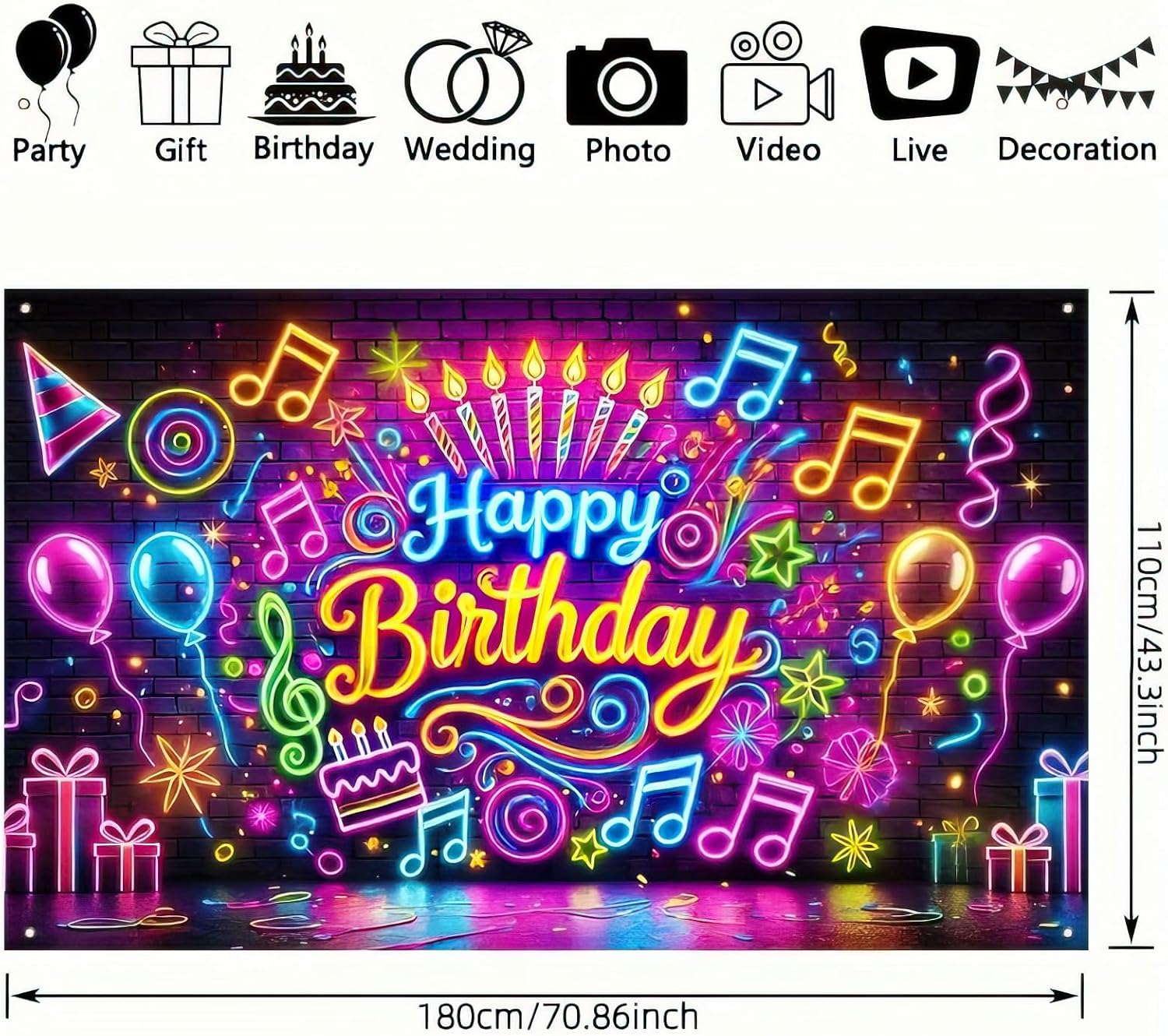 Neon Birthday Banner 71x43 Inch Glow in the Dark Photo Backdrop