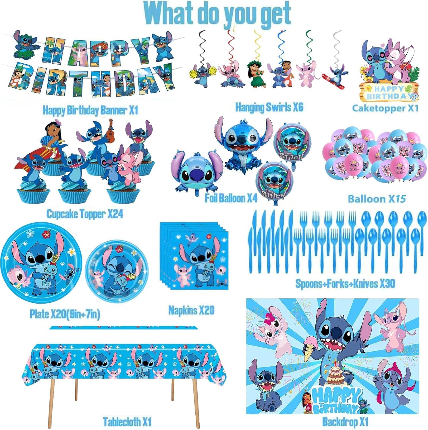 Stitch Themed Birthday Party Supplies Set 123 Pieces Blue