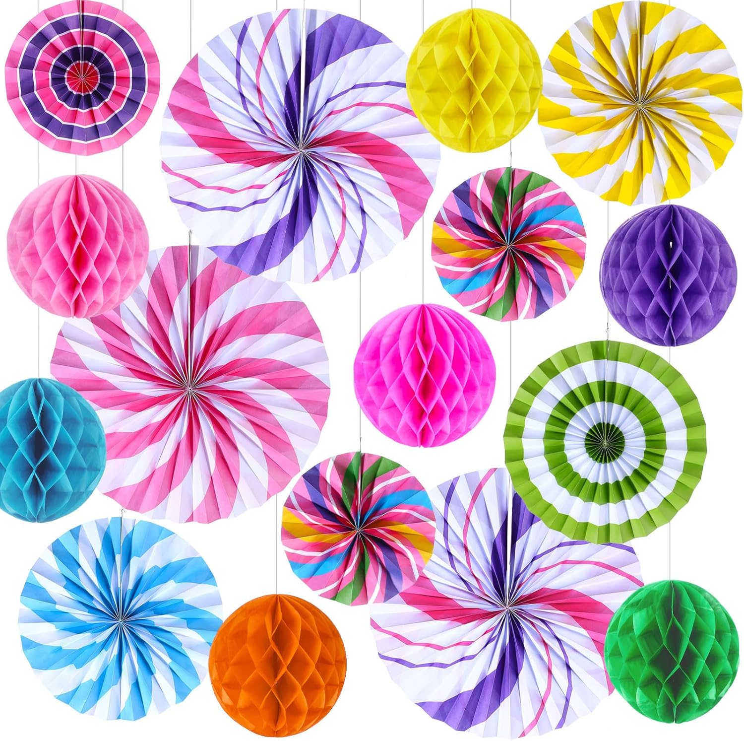 Outus 21 Pcs Candyland Party Decorations Hanging Fans Pom Poms