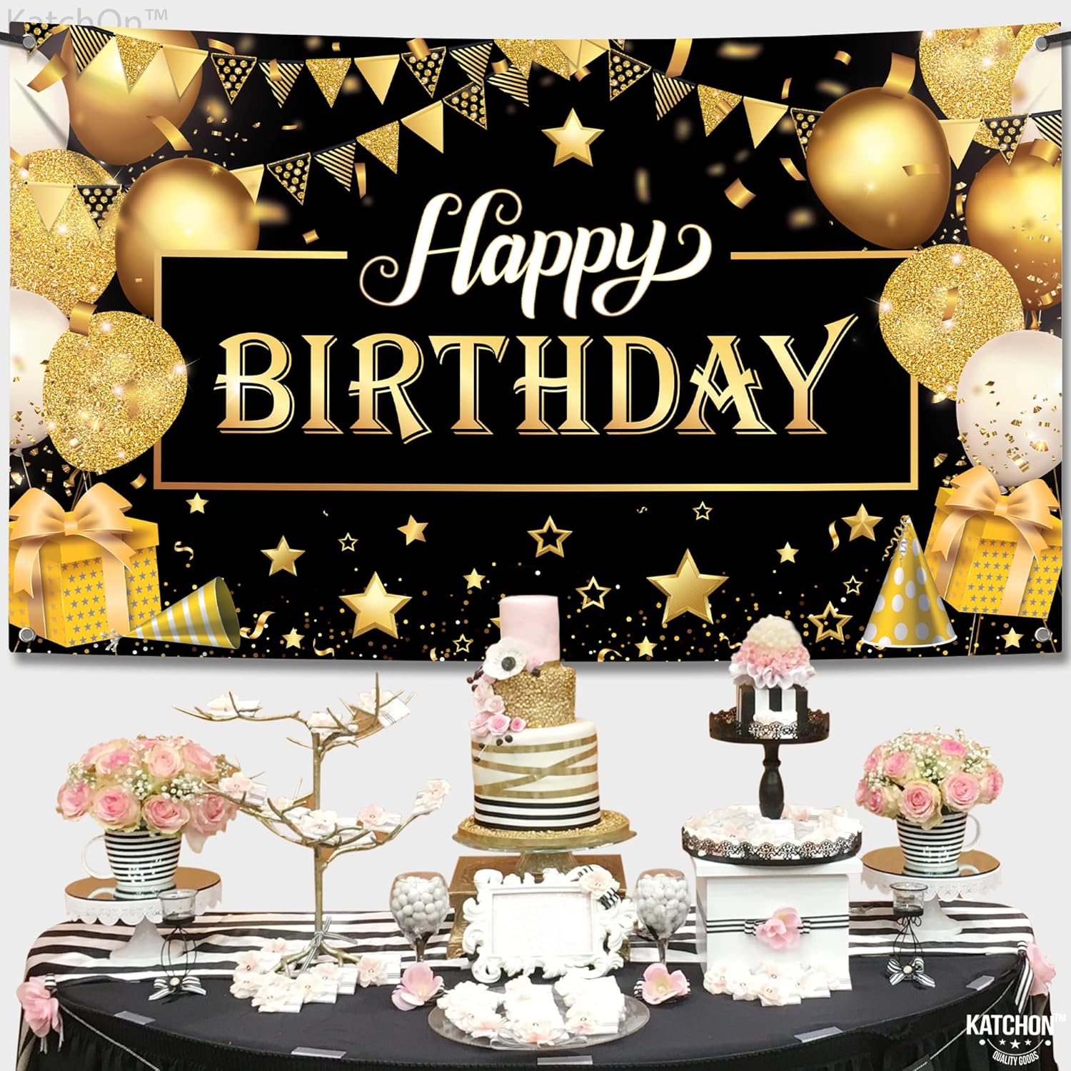 KatchOn Happy Birthday Banner Black and Gold Large 72x44 Inch