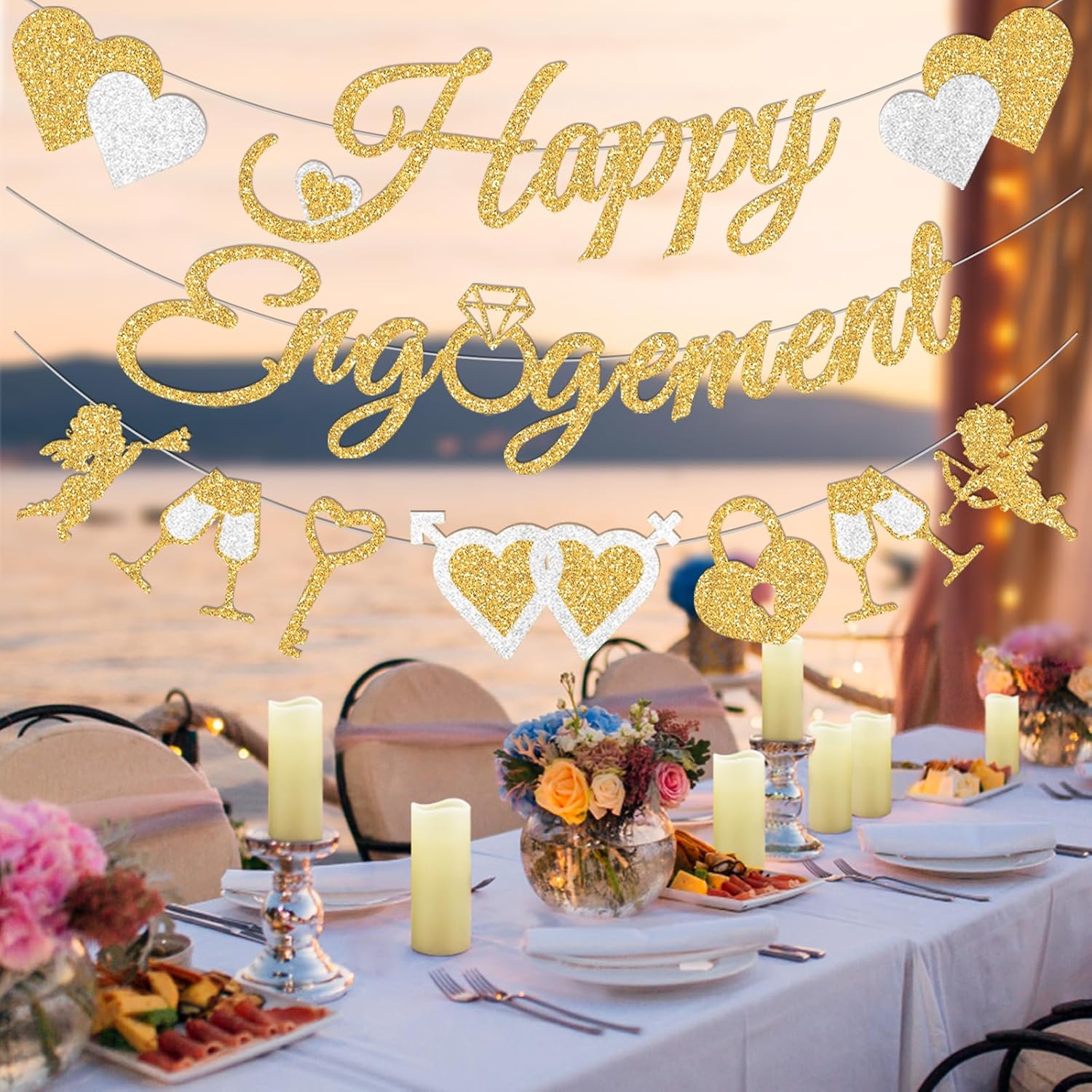 Pre-Strung Glitter Happy Engagement Banner with Heart Garland